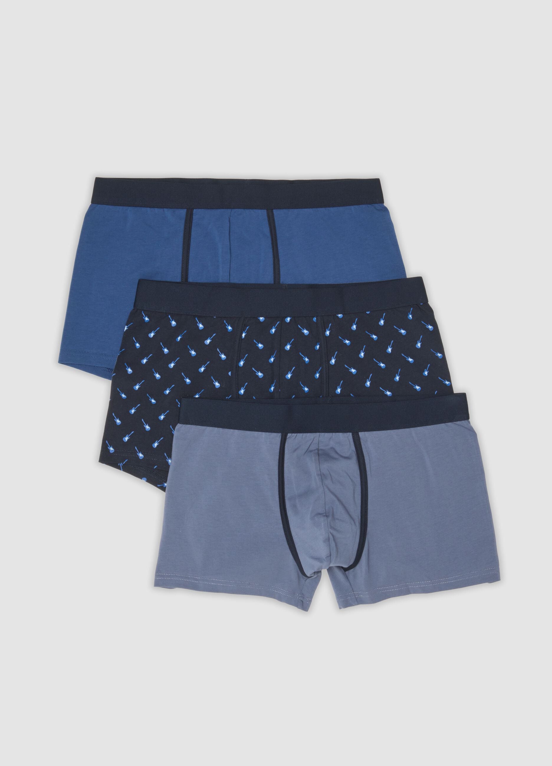 Three-pack of blue, navy and light grey stretch organic cotton boxers
