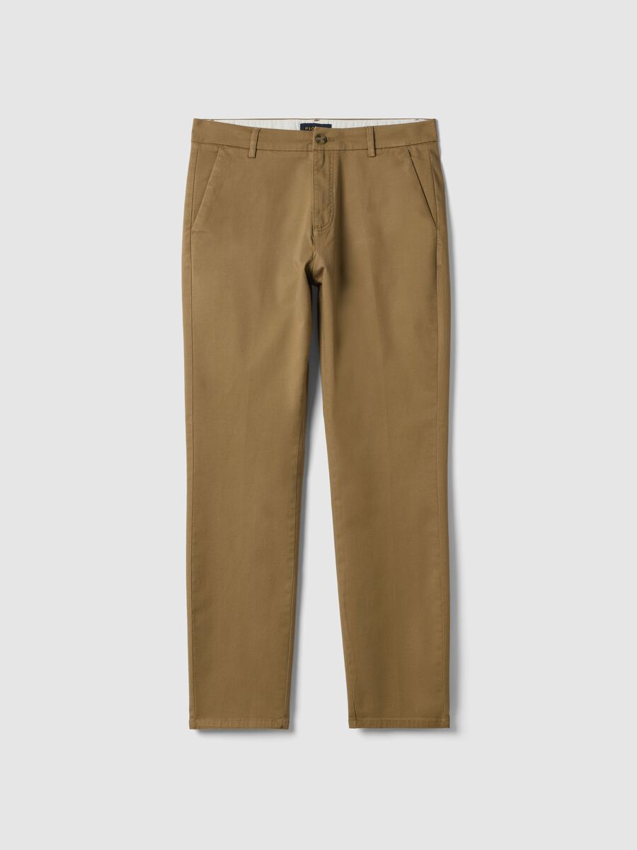 Brown slim fit stretch cotton chino trousers_0