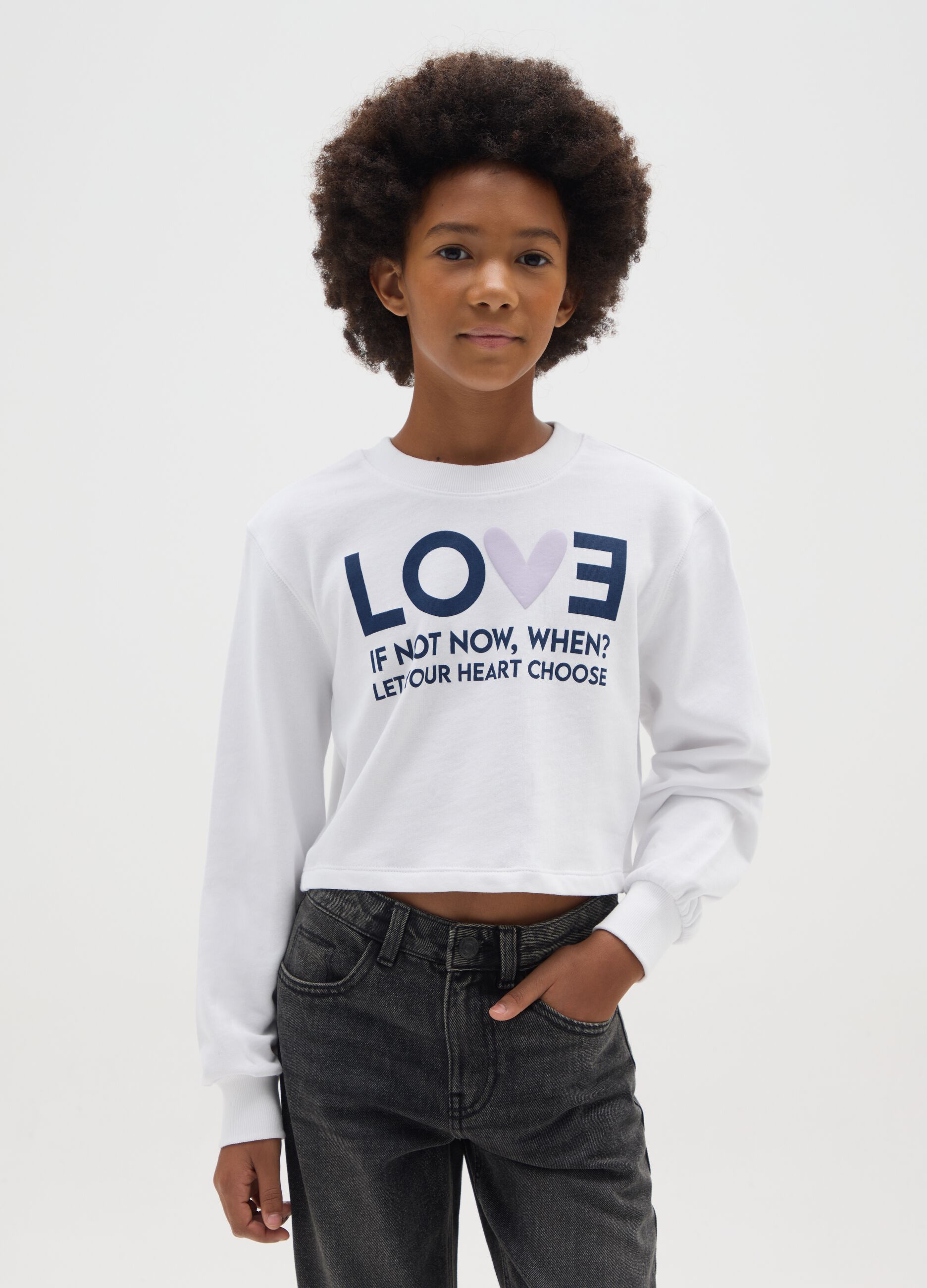 White regular fit pure cotton girls' sweatshirt