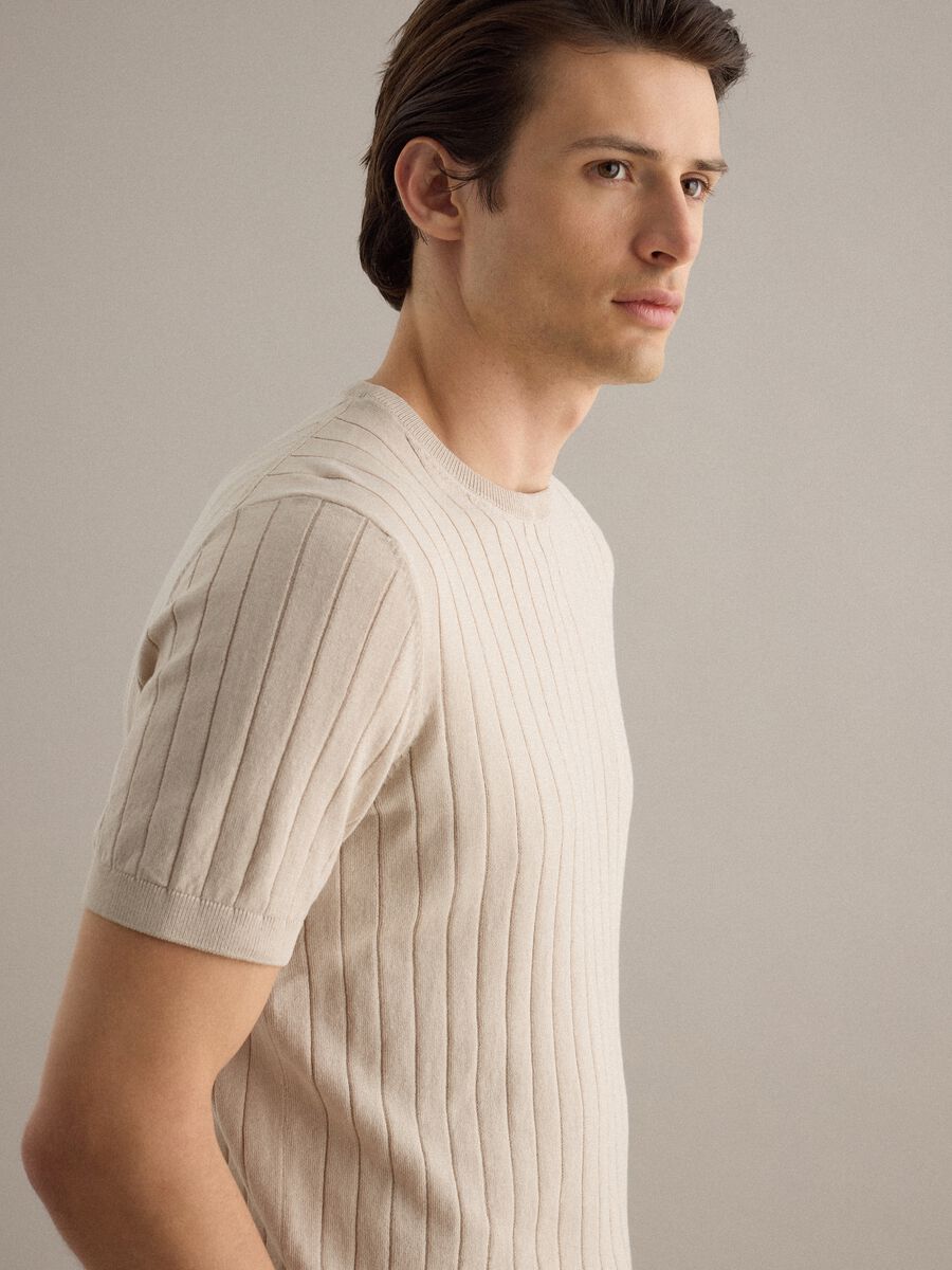 Beige striped pure cotton T-shirt regular fit_2