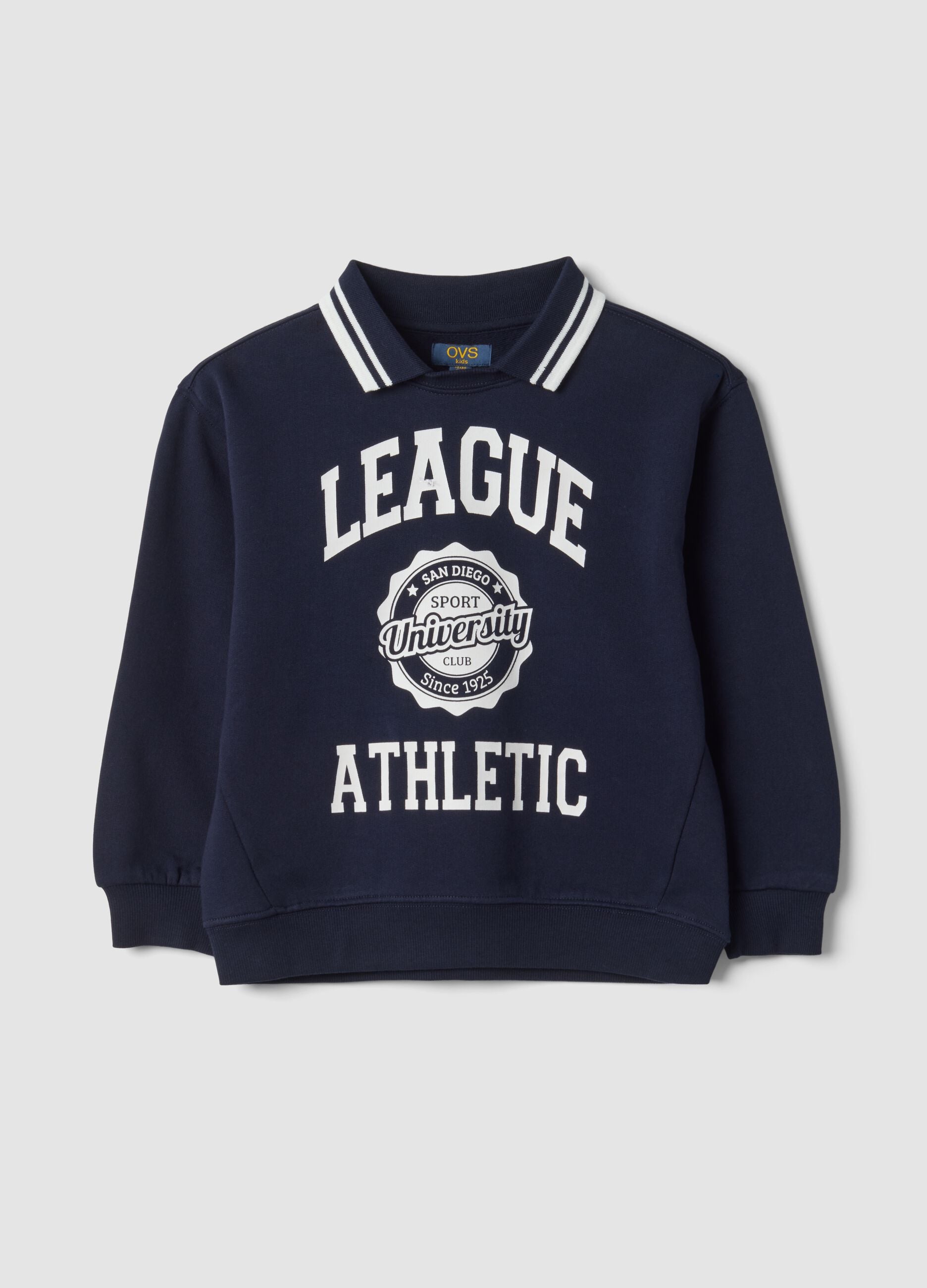 Felpa blu in puro cotone con stampa college
