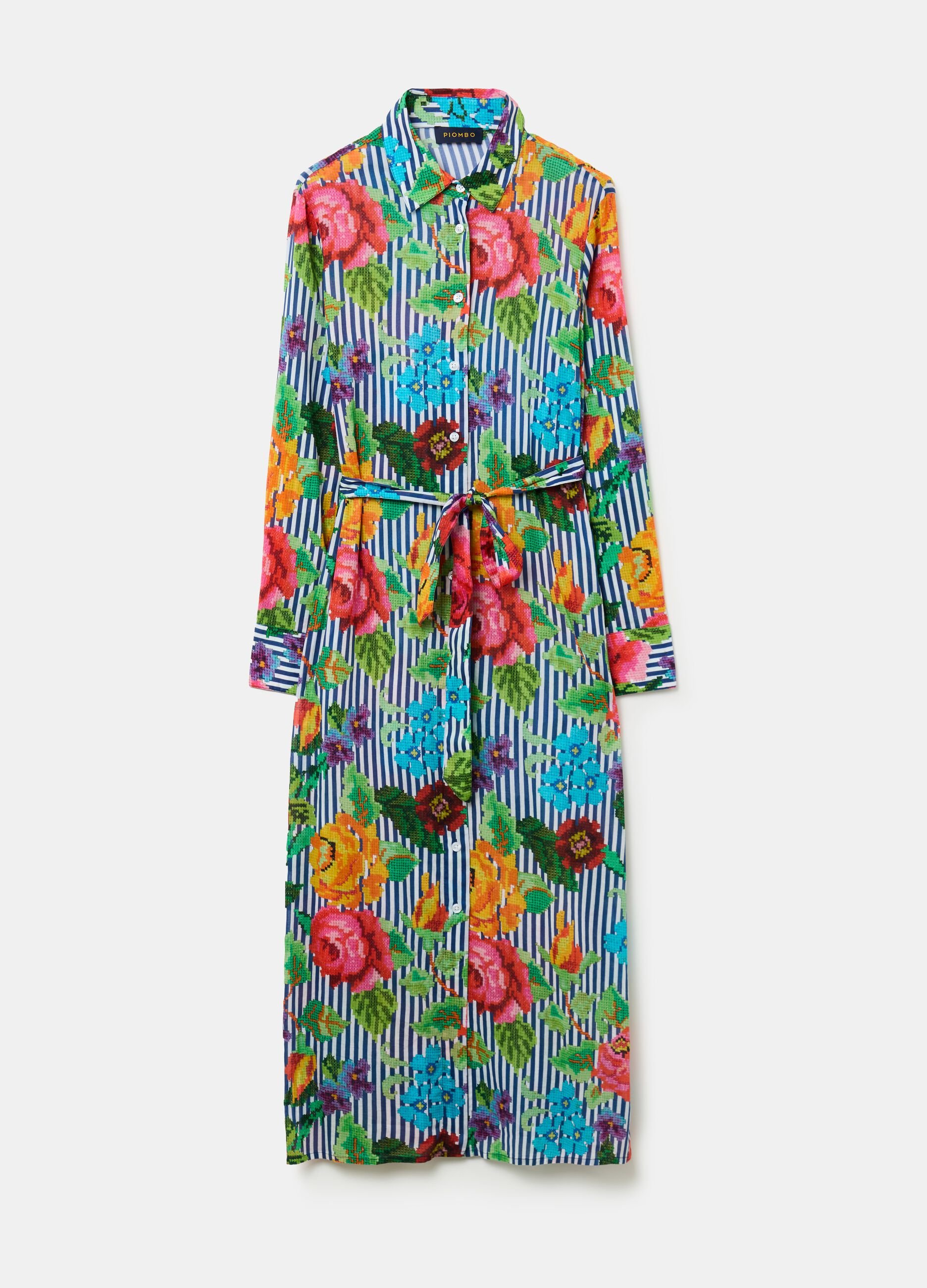 Vestito chemisier a righe con disegno a fiori