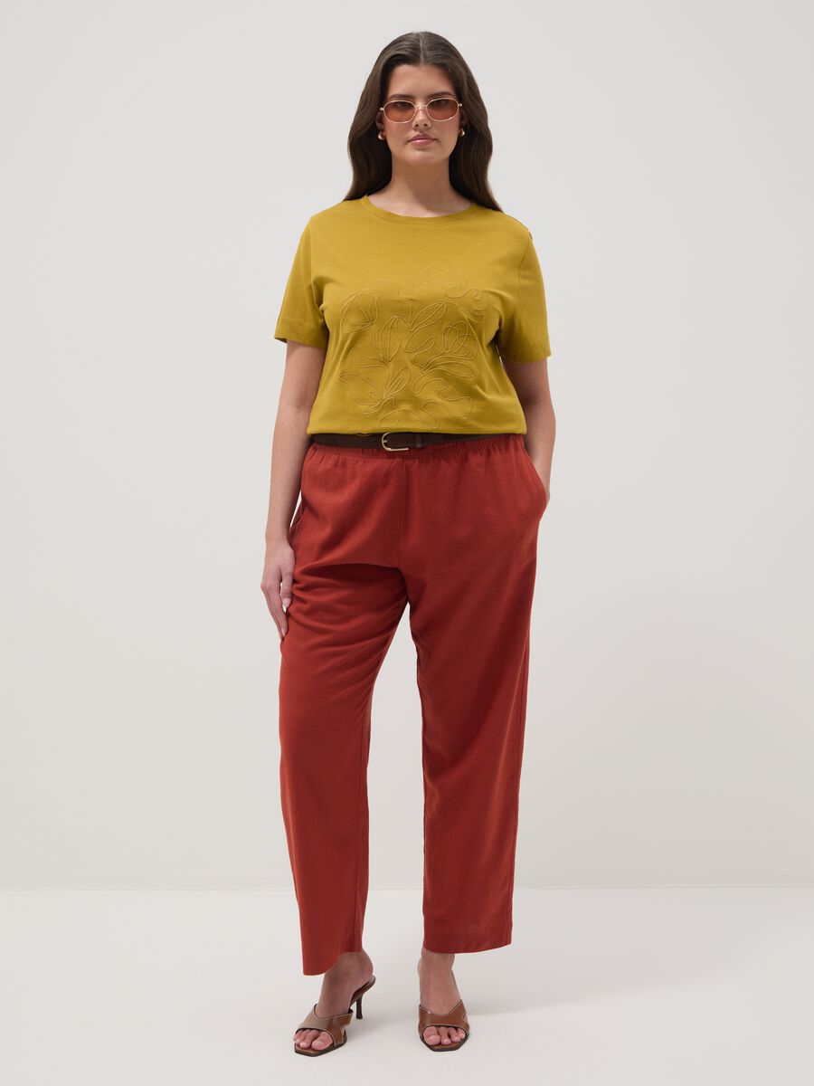 Yellow pure cotton regular fit T-shirt with floral embroidery_2