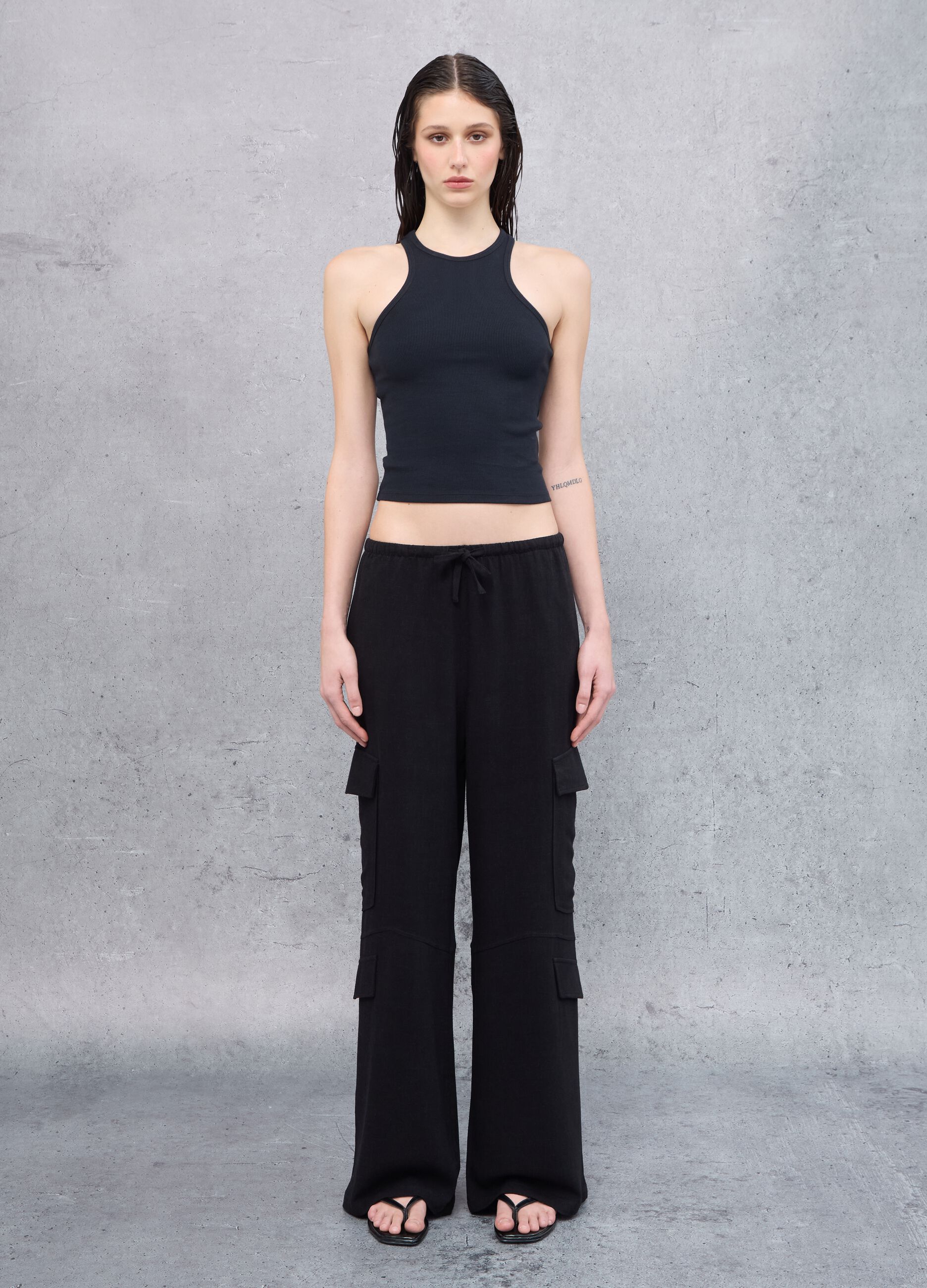 Cargo Linen Wide Leg Trousers Black