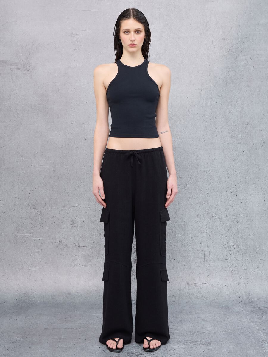Cargo Linen Wide Leg Trousers Black_0