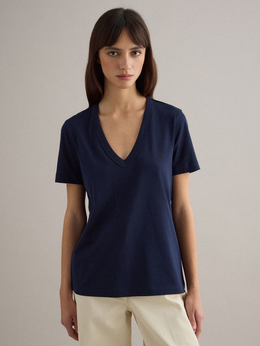 Deep V Regular Fit Blue Pure Cotton T-shirt_1