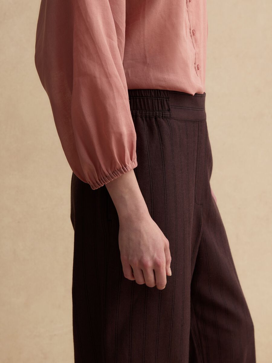 Brown wide leg striped viscose blend trousers_3