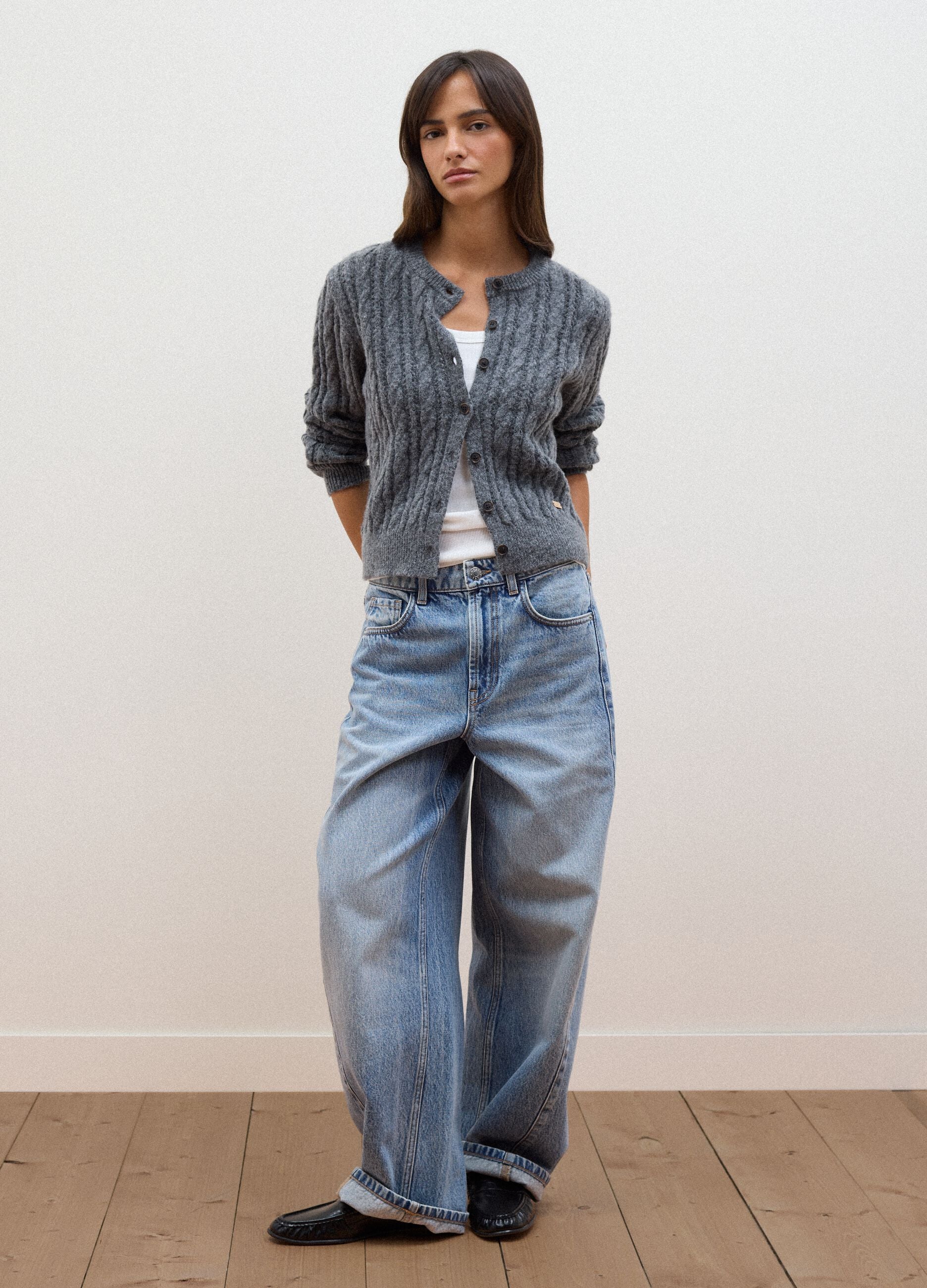 Grey wool-blend cable-knit cardigan