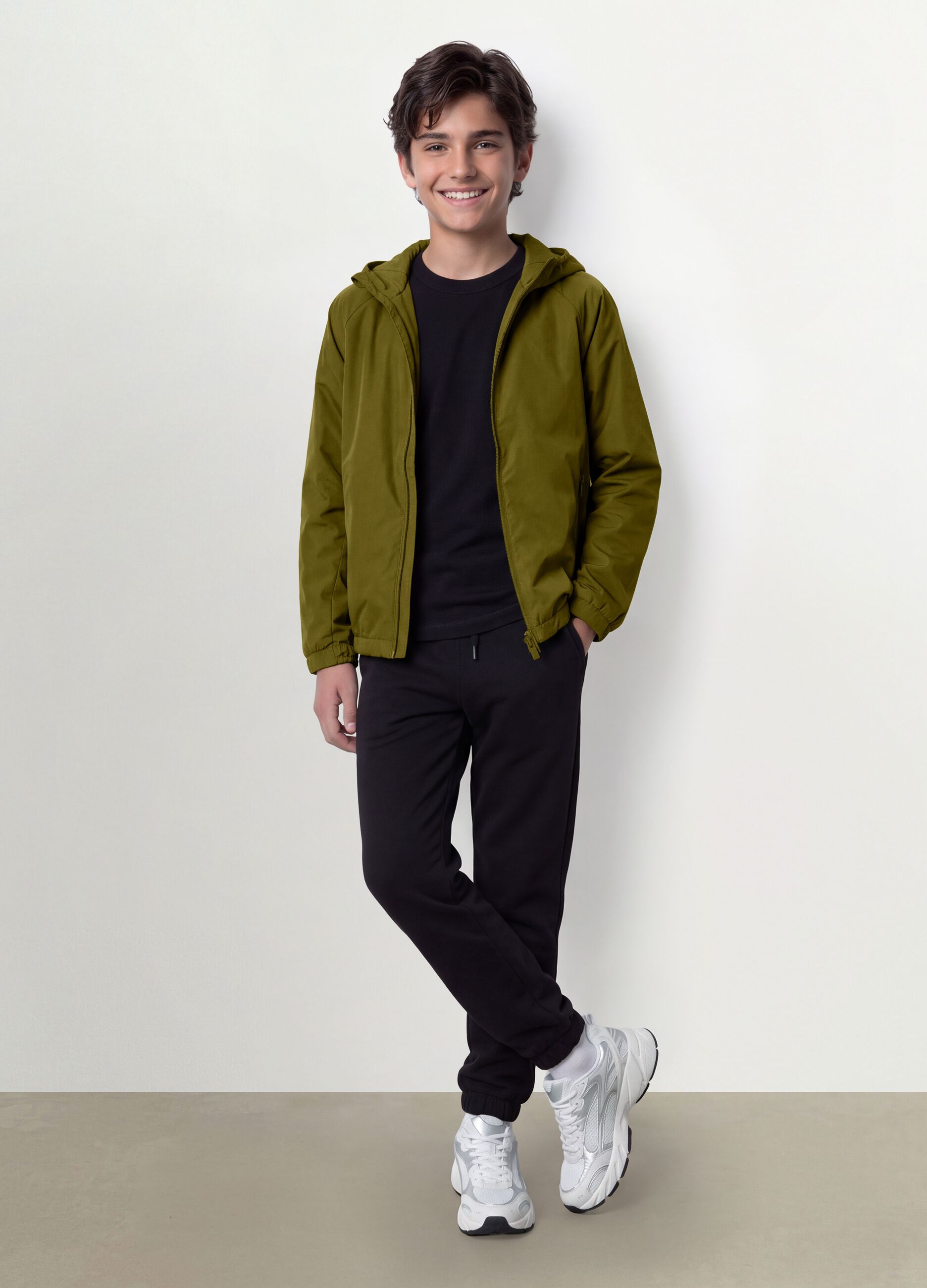 Green hooded rain jacket with zip for boys