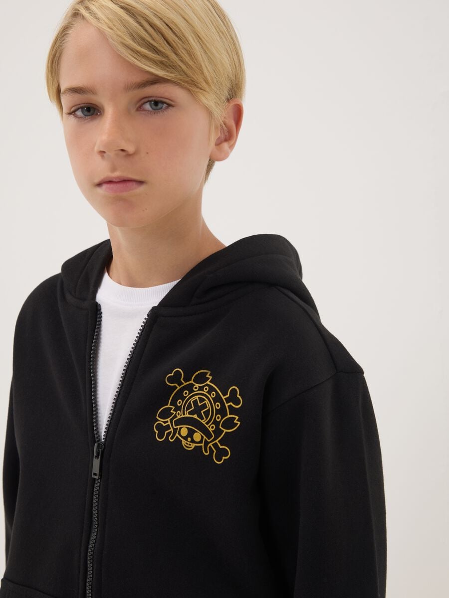 Black cotton-blend zip hoodie with One Piece print_2