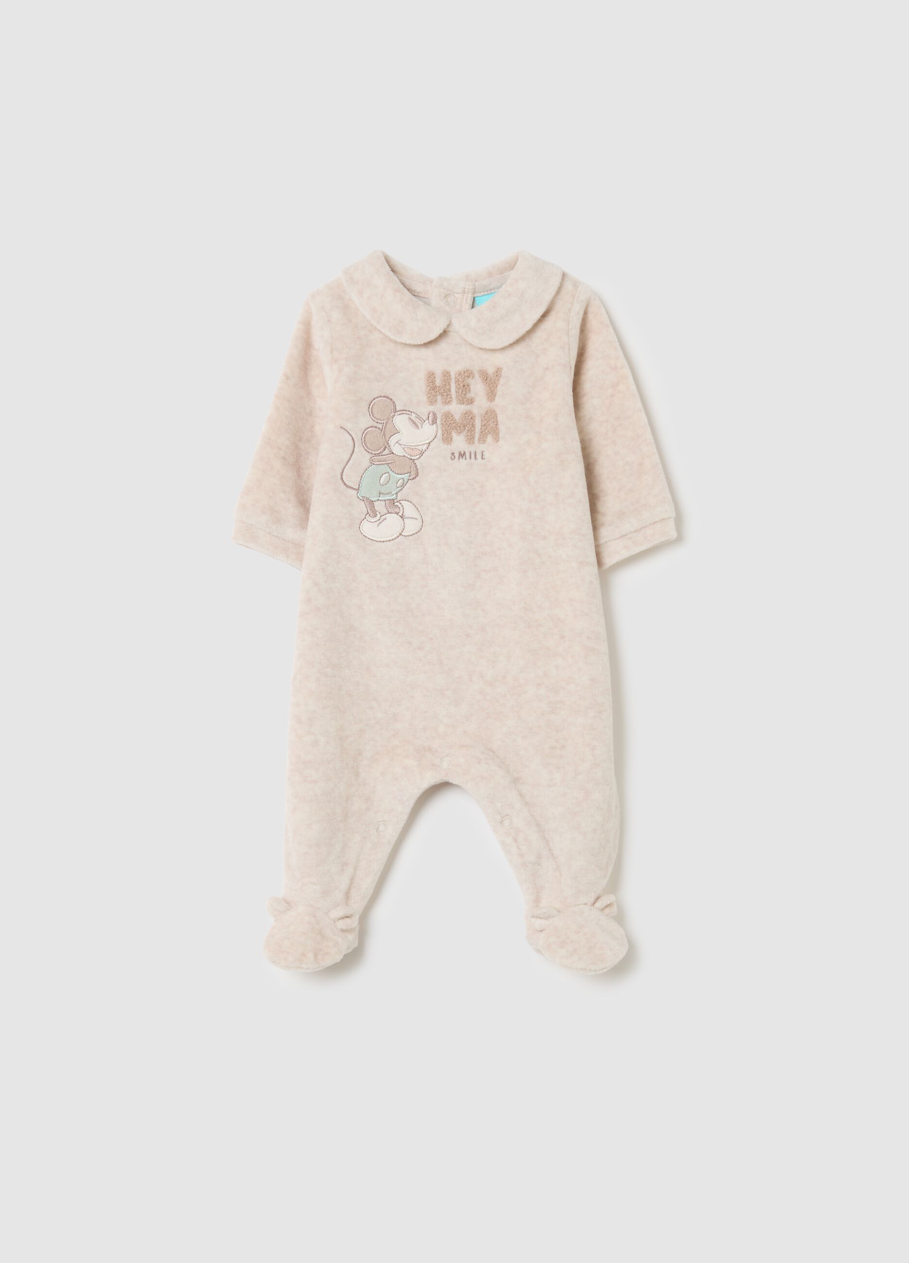 Beige velour baby romper with classic collar