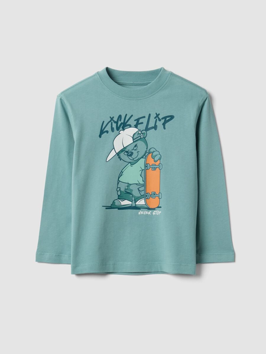 T-shirt over fit verde in puro cotone con stampa skate per bambino_0