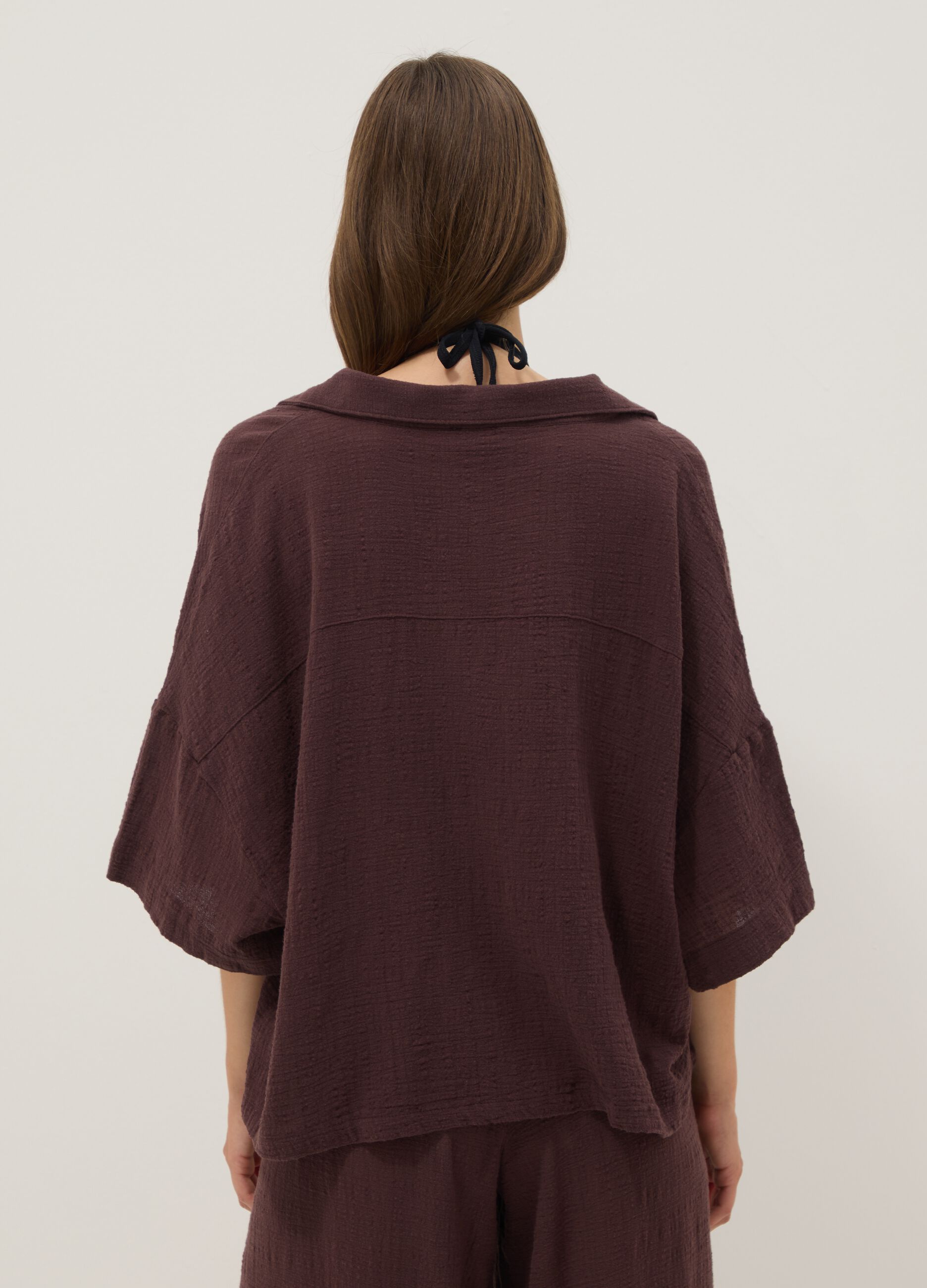 Short brown pure cotton kaftan with V-neck