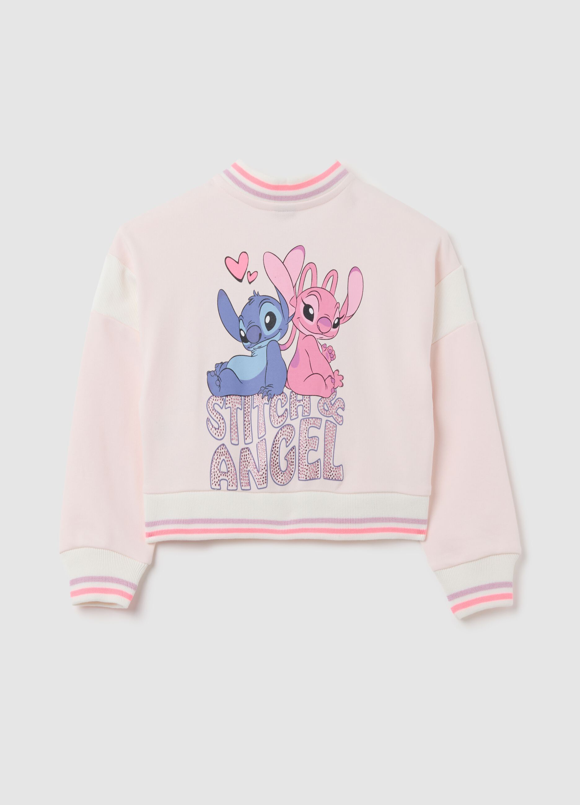 Girls' pink cotton bomber jacket regular fit with Stitch print