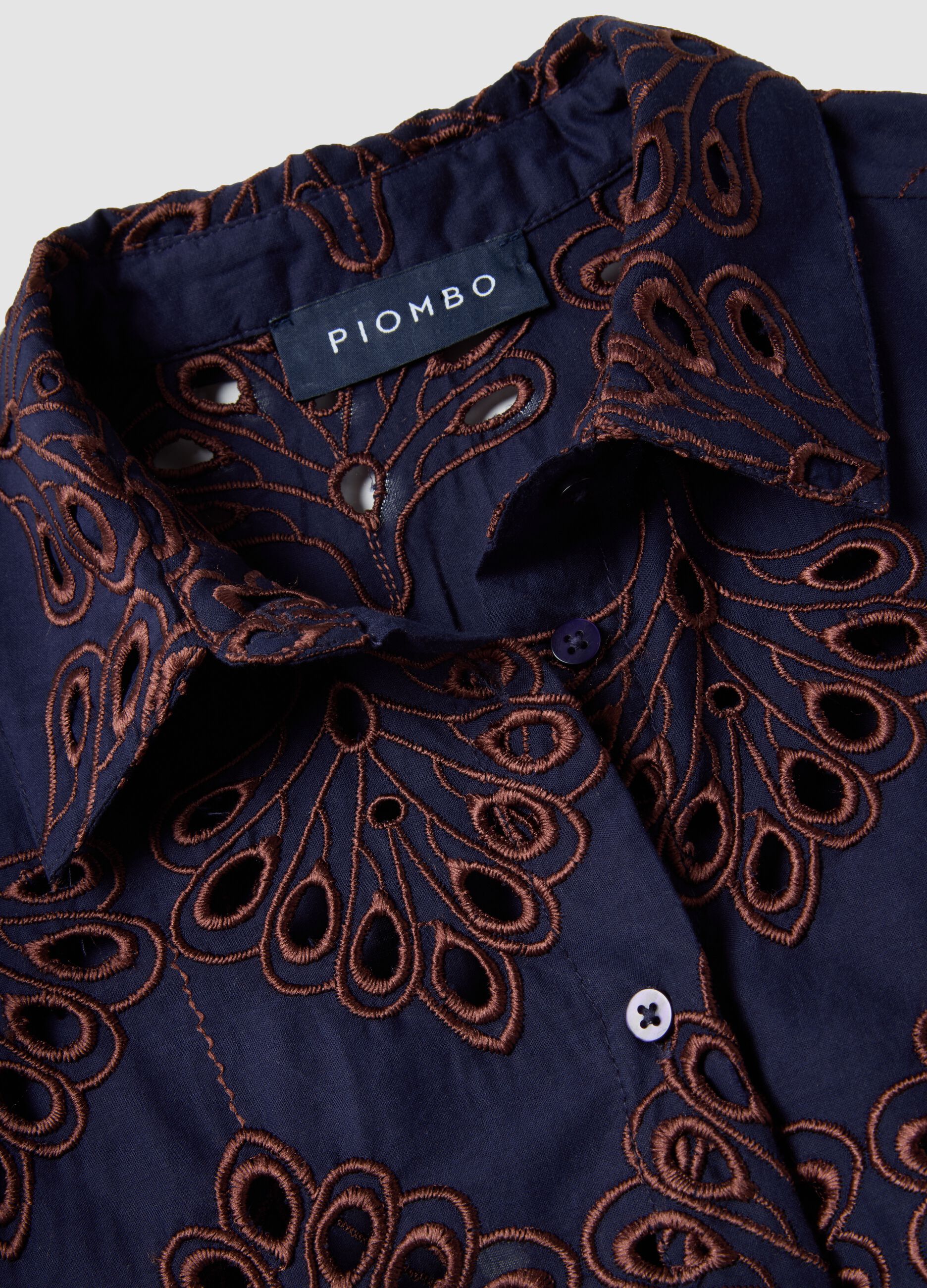 Blue short-sleeve pure cotton shirt with openwork embroidery