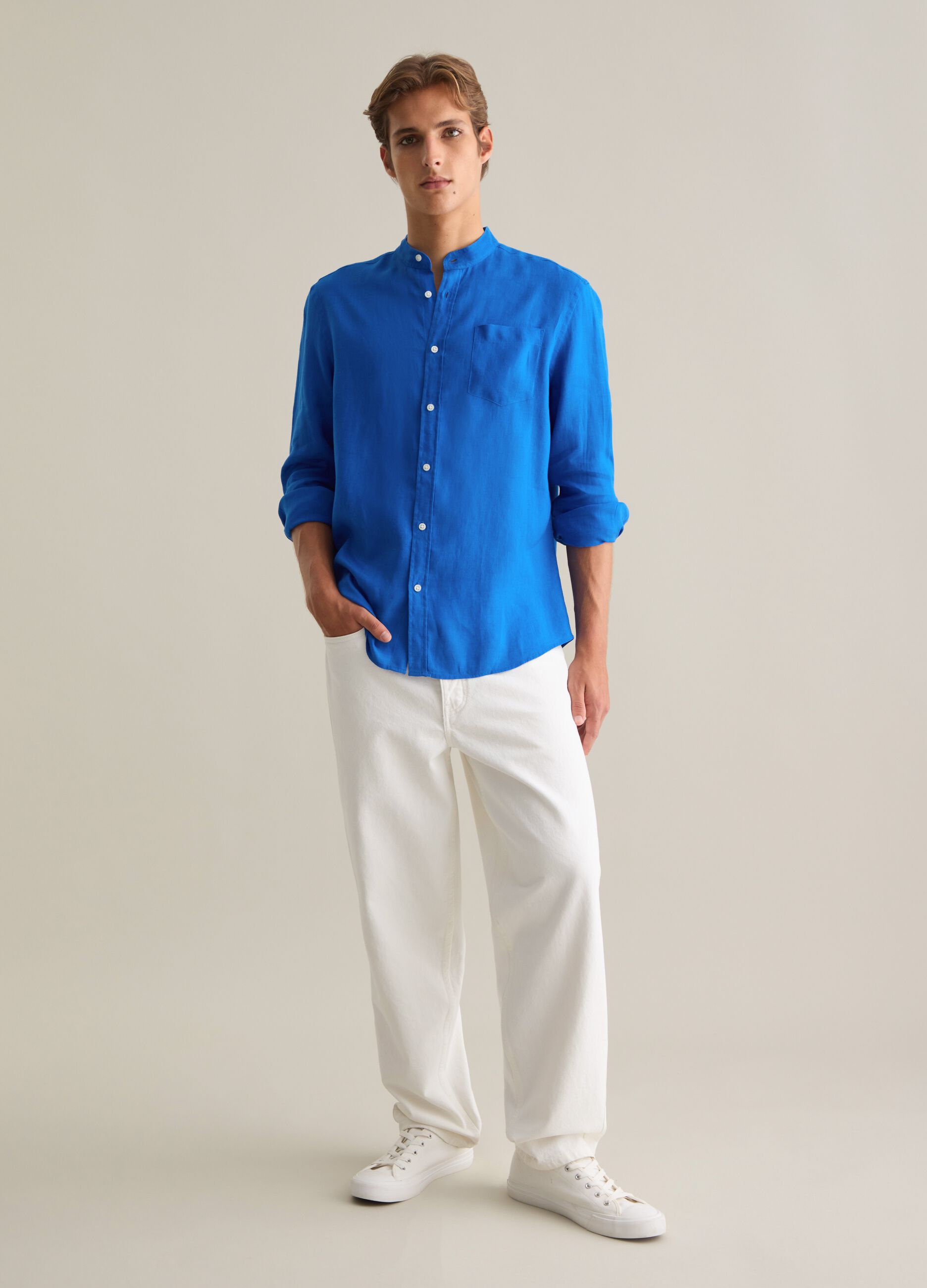 Camicia da uomo in puro lino blu regular fit