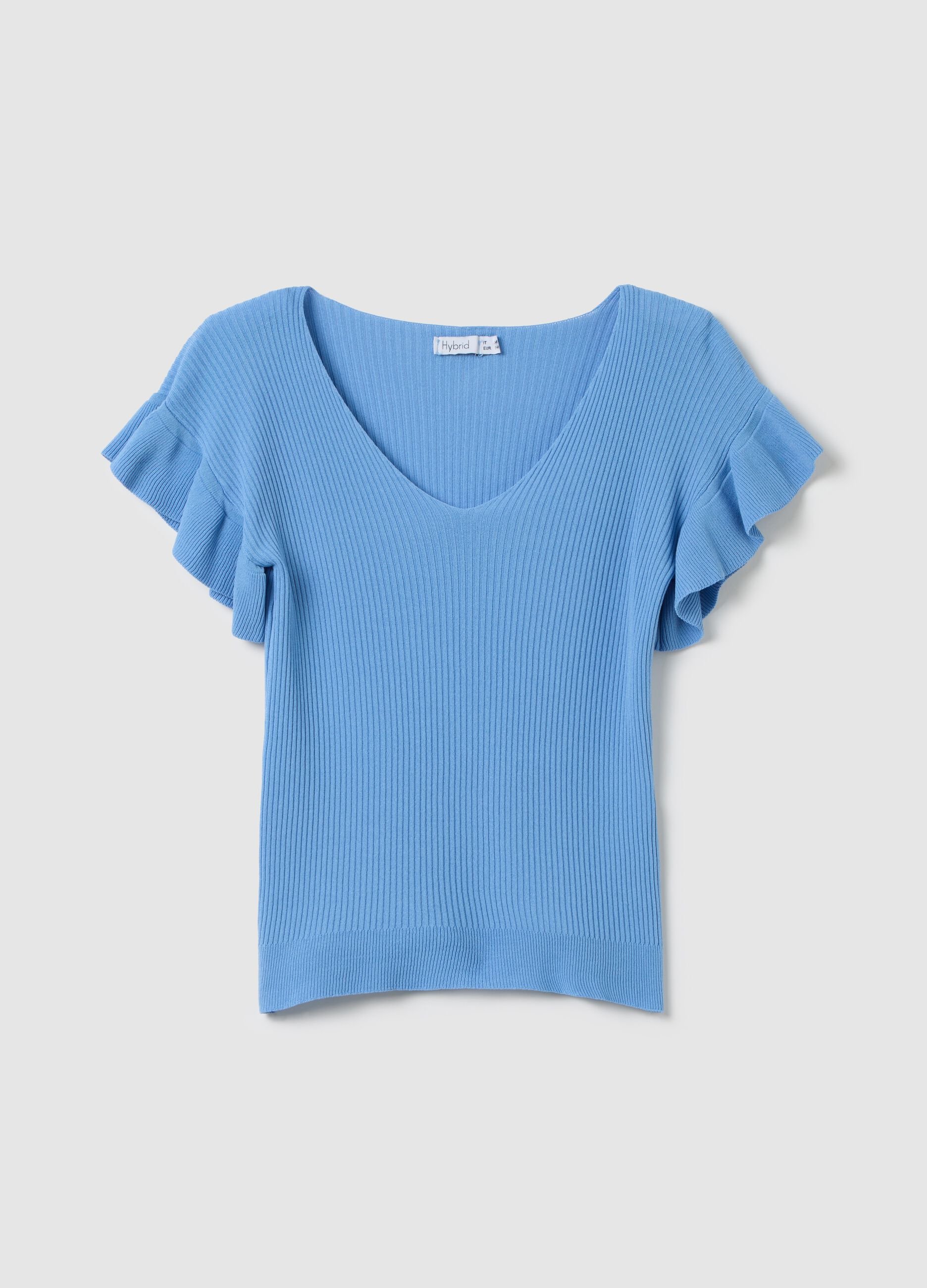 Women's blue viscose regular fit t-shirt with ruffles