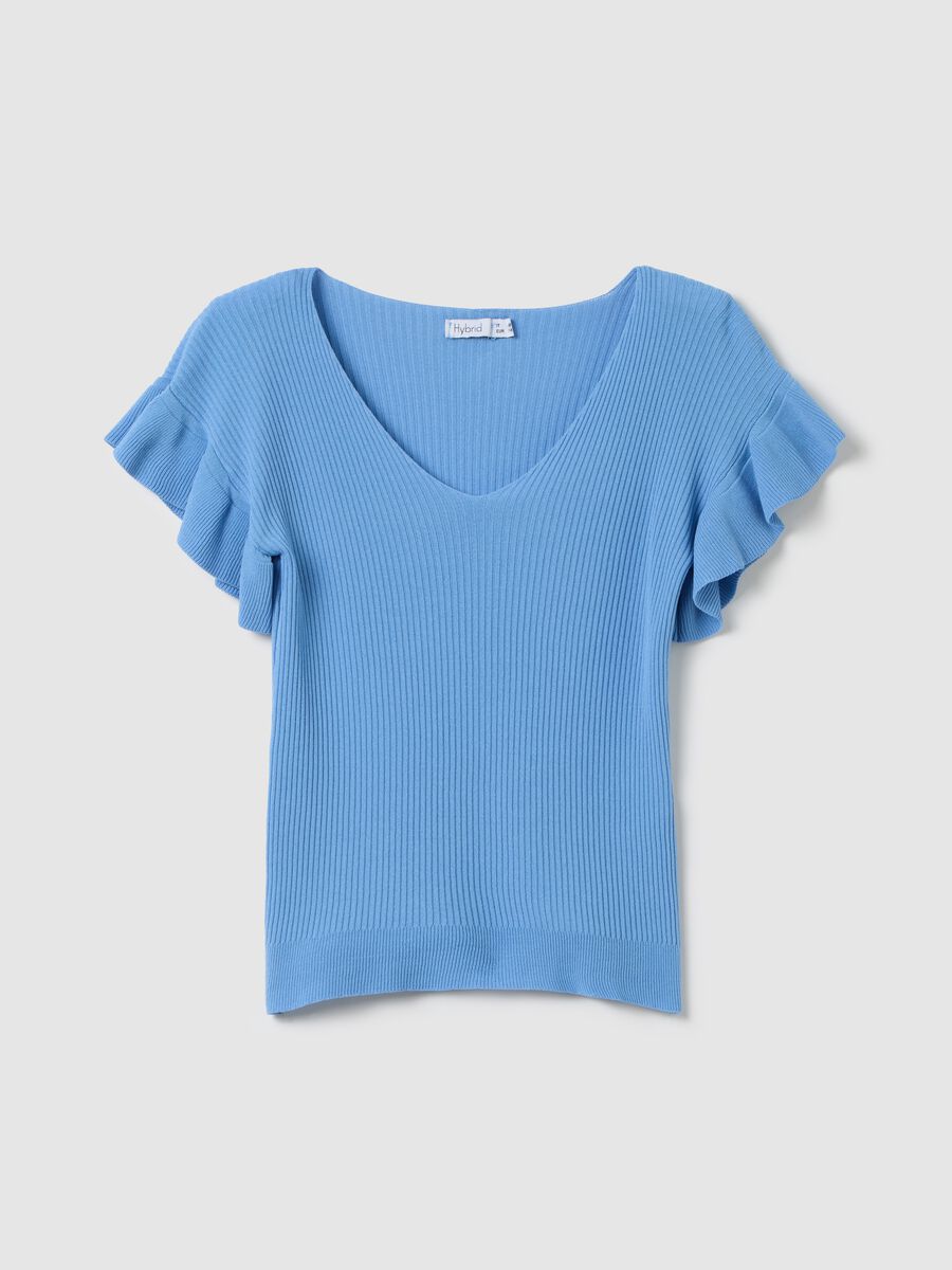 Women's blue viscose regular fit t-shirt with ruffles_0