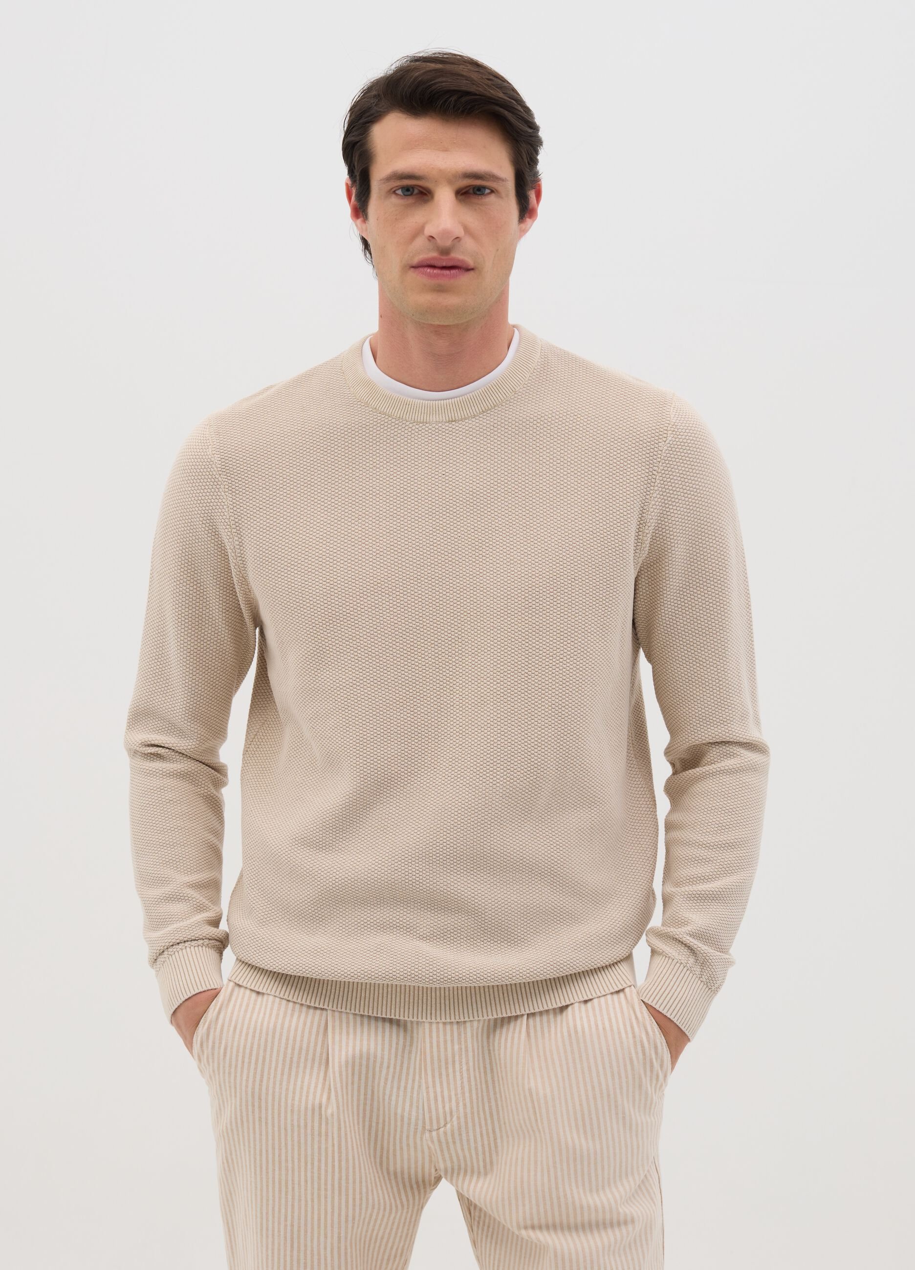 Beige Cotton Crew Neck Jumper