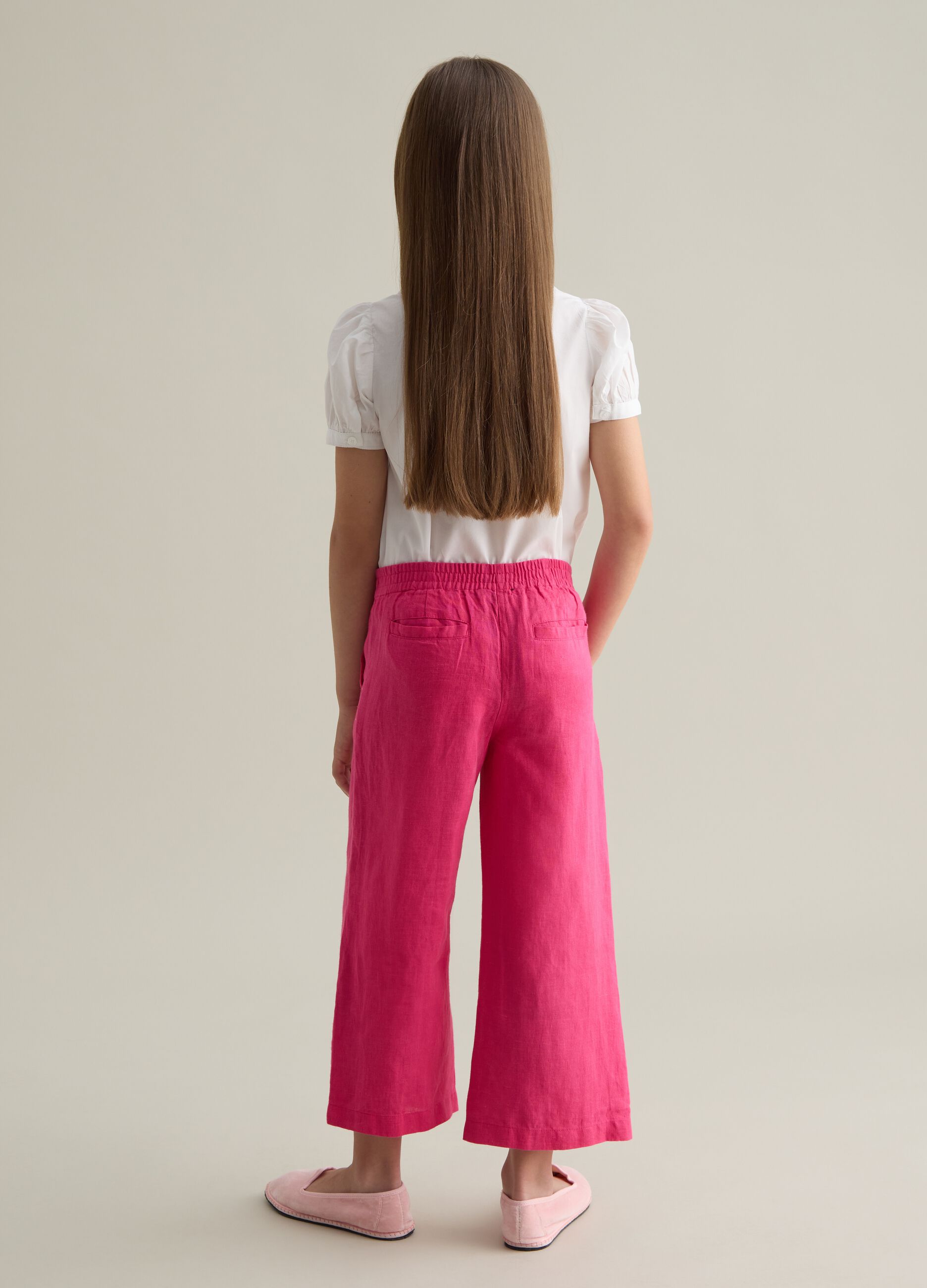 Girls' pure linen wide leg pink trousers