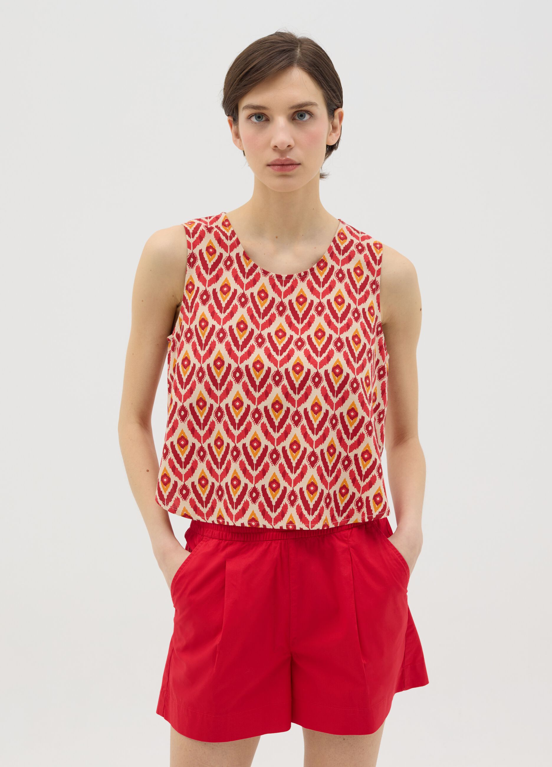 Beige tank top with ethnic pattern