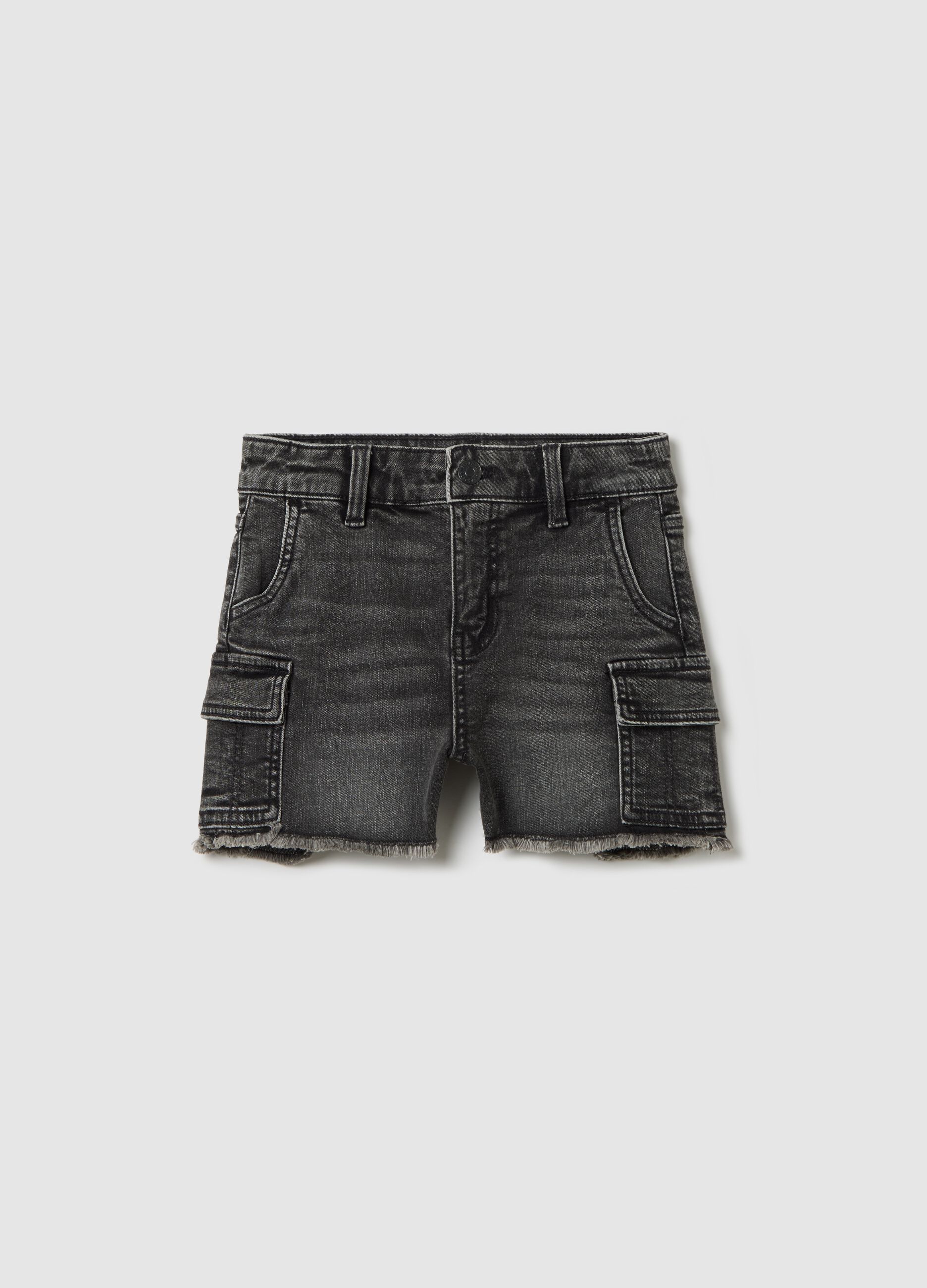 Black cargo shorts with fringed hem