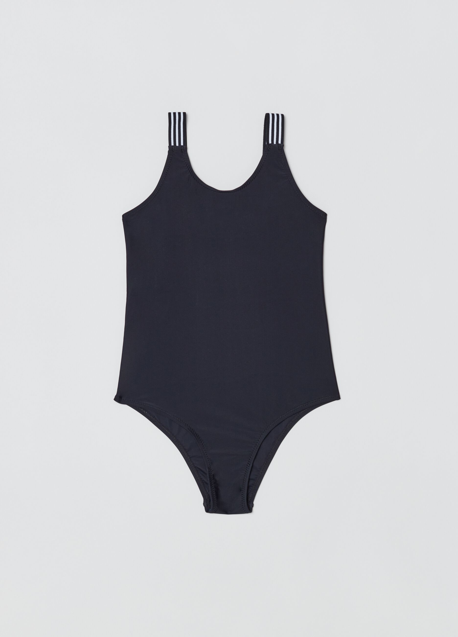 One-piece swimsuit with striped shoulder straps