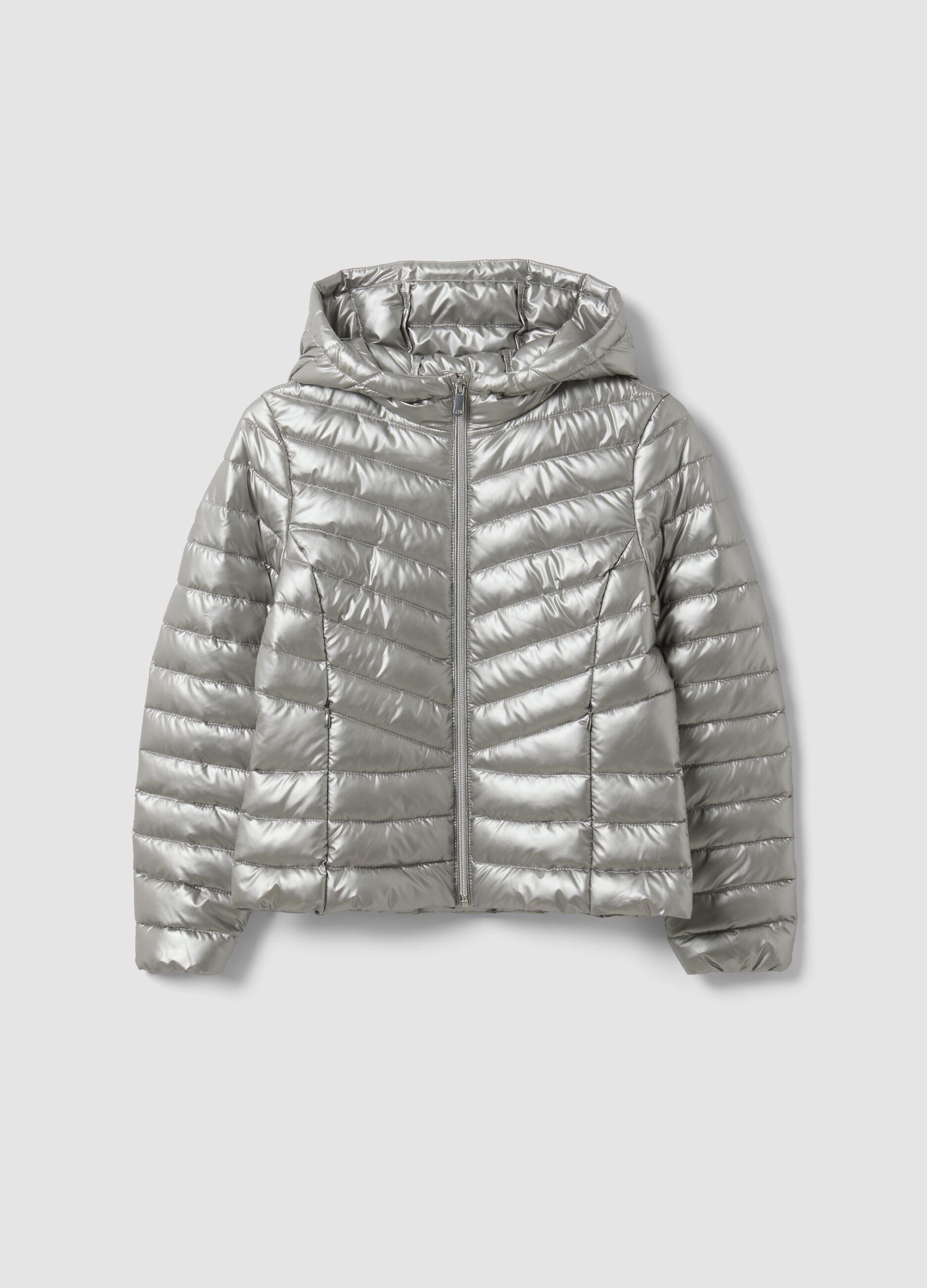 Grey ultralight padded jacket with hood and zip for girls