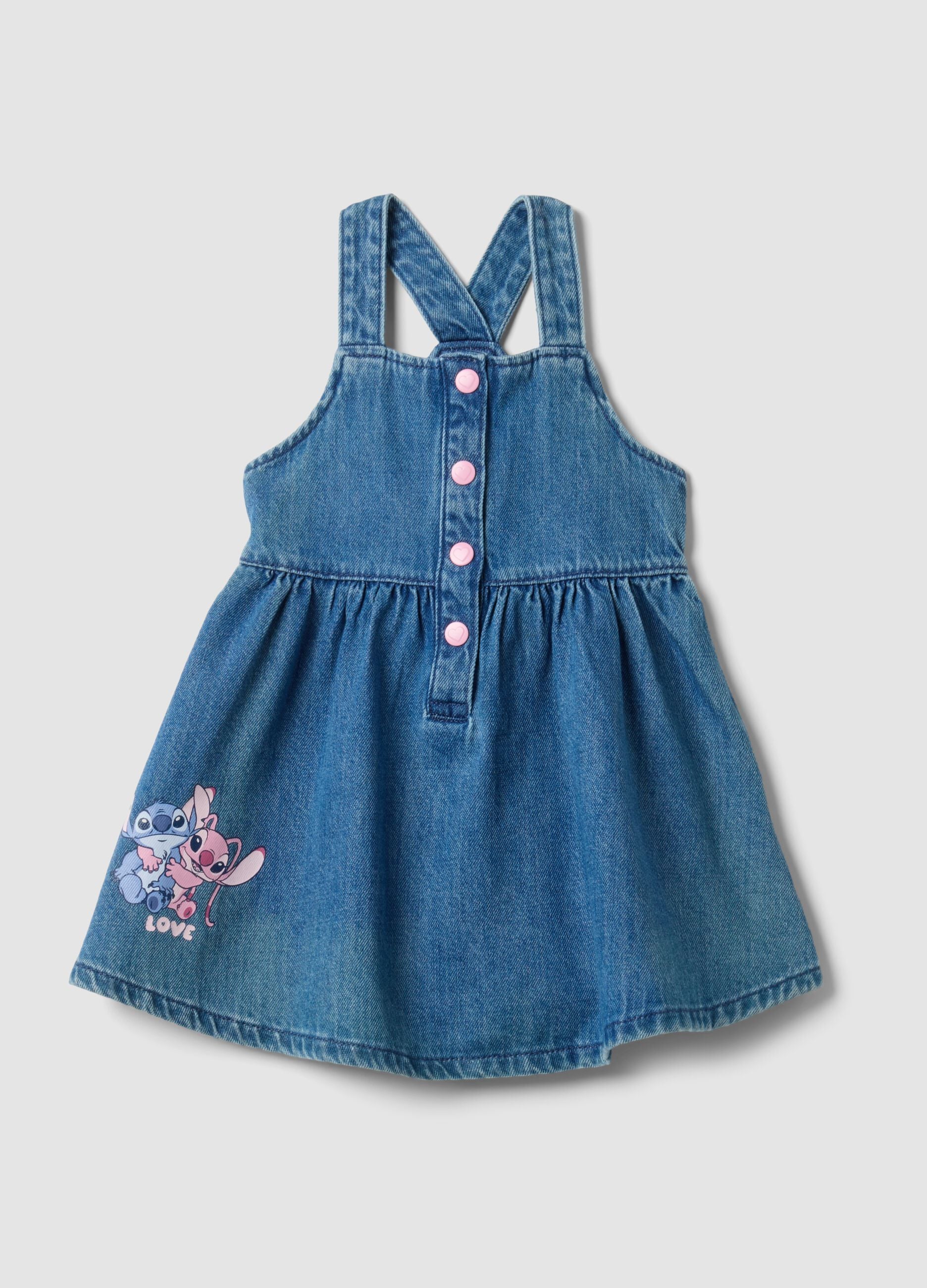 Blue denim cotton and viscose blend dress with Lilo & Stitch print for baby girl