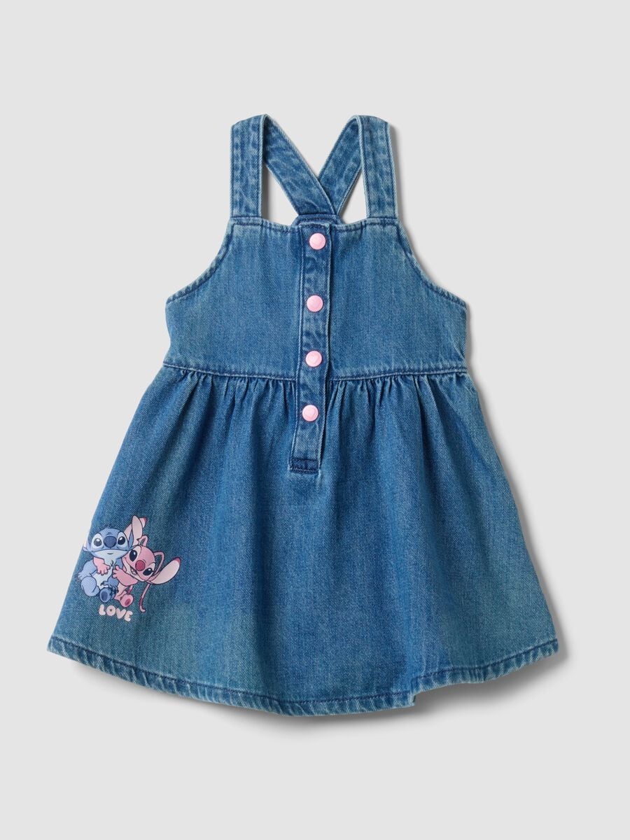 Abito denim blu in misto cotone e viscosa con stampa Lilo & Stitch per bimba_0