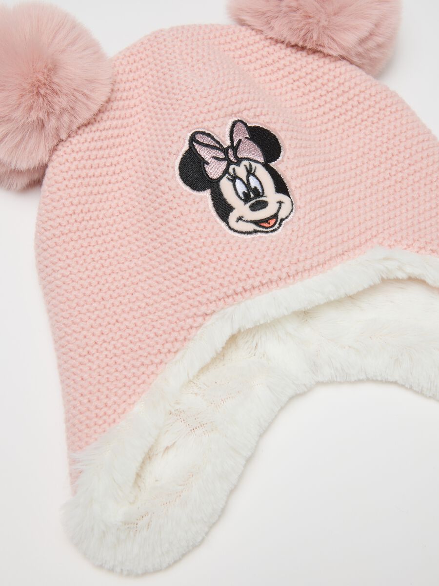 Pink girl's hat with pom poms and Minnie embroidery_2