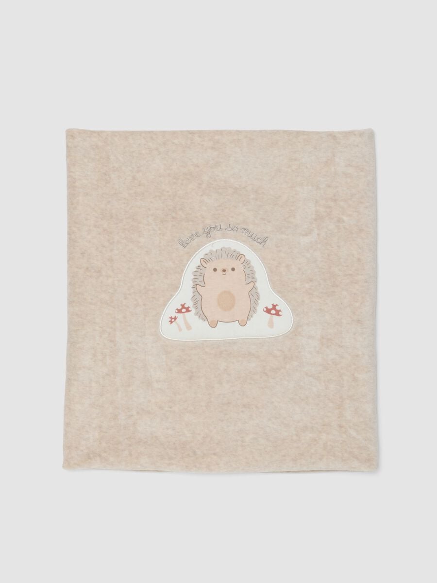 Beige organic cotton-blend baby blanket with hedgehog embroidery_0