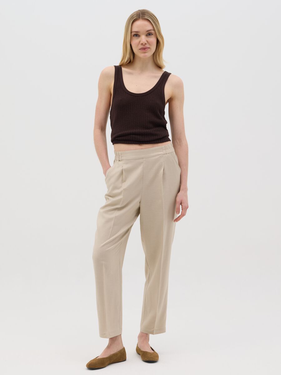 Women's beige straight trousers in viscose and linen blend_0