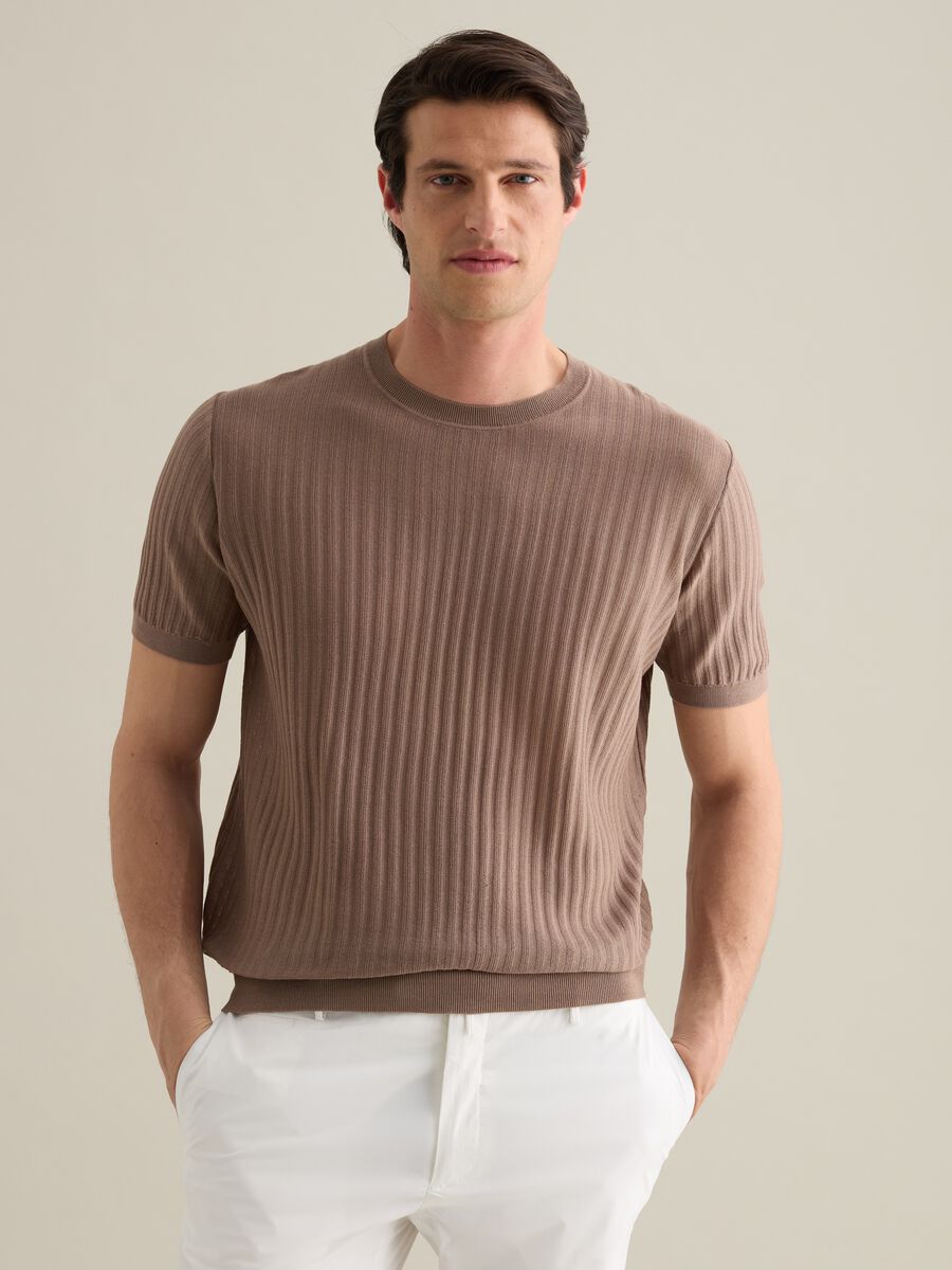Brown Cotton Crew Neck T-shirt_0