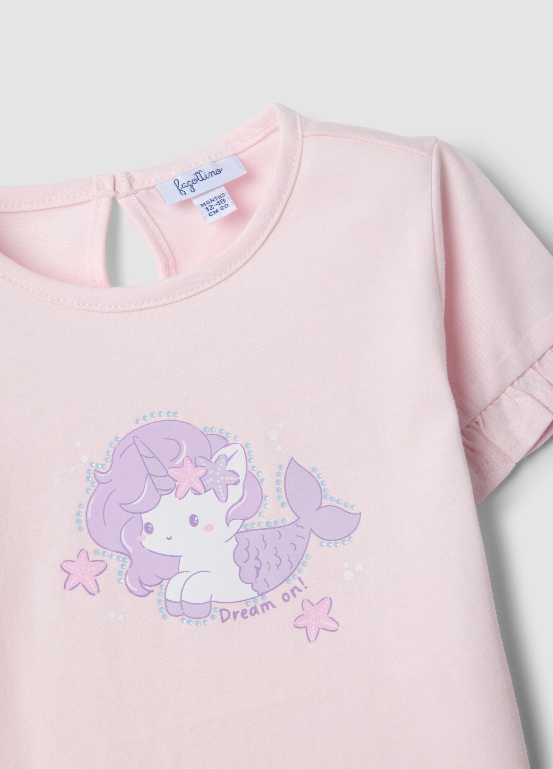 Pink pure organic cotton baby girls&rsquo; T-shirt with print and frill sleeves