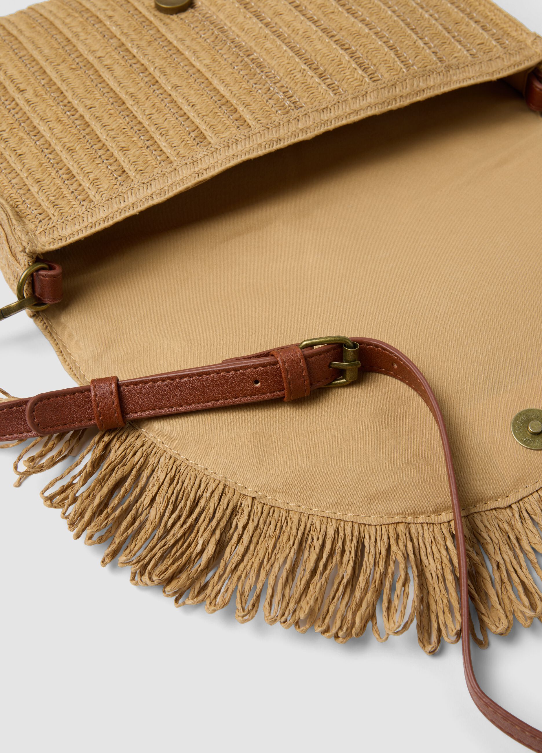 Beige crossbody bag in paper-blend fabric with fringe