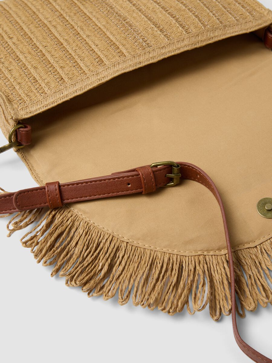 Beige crossbody bag in paper-blend fabric with fringe_2