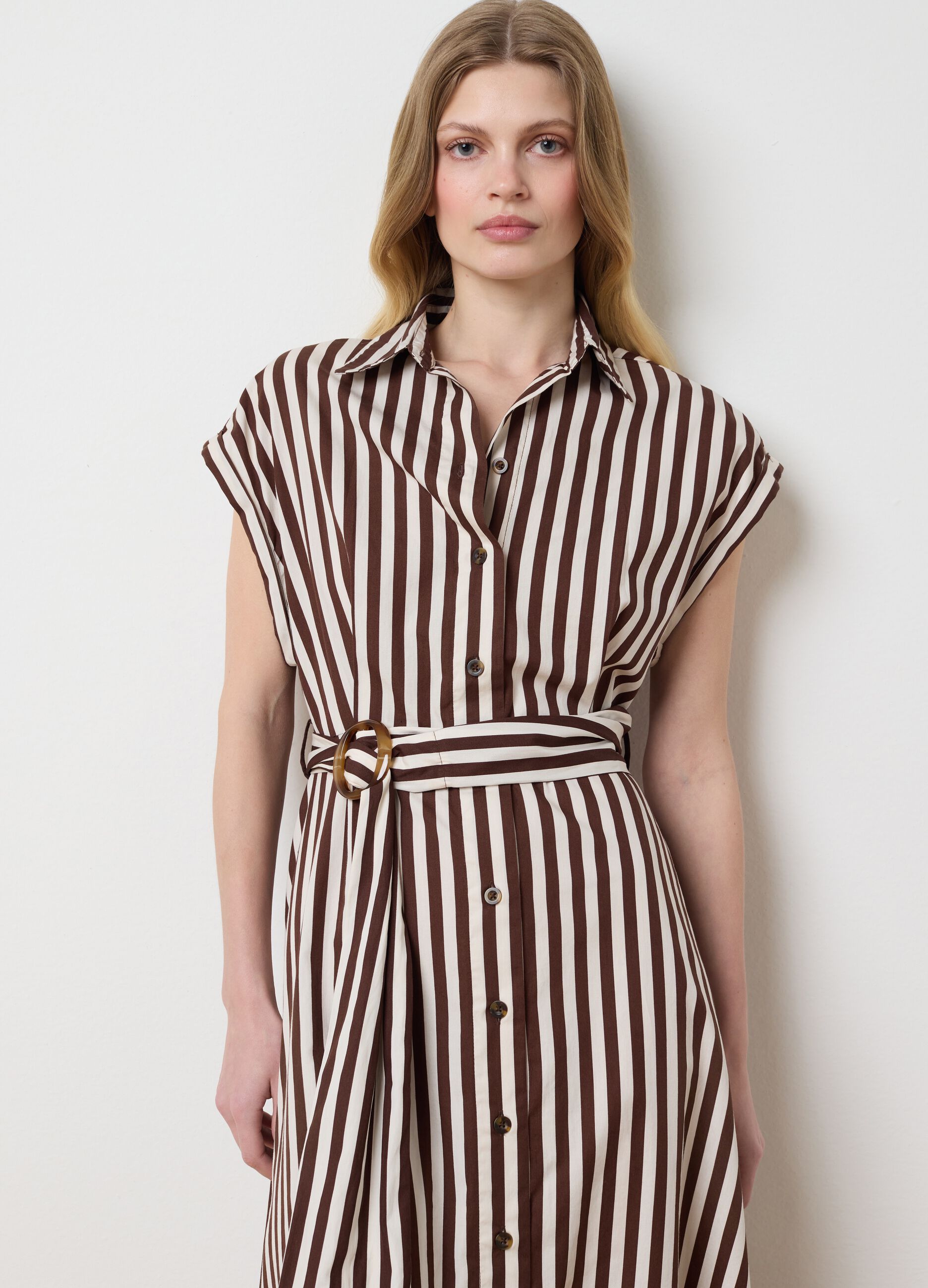Long shirt dress with brown and white stripes