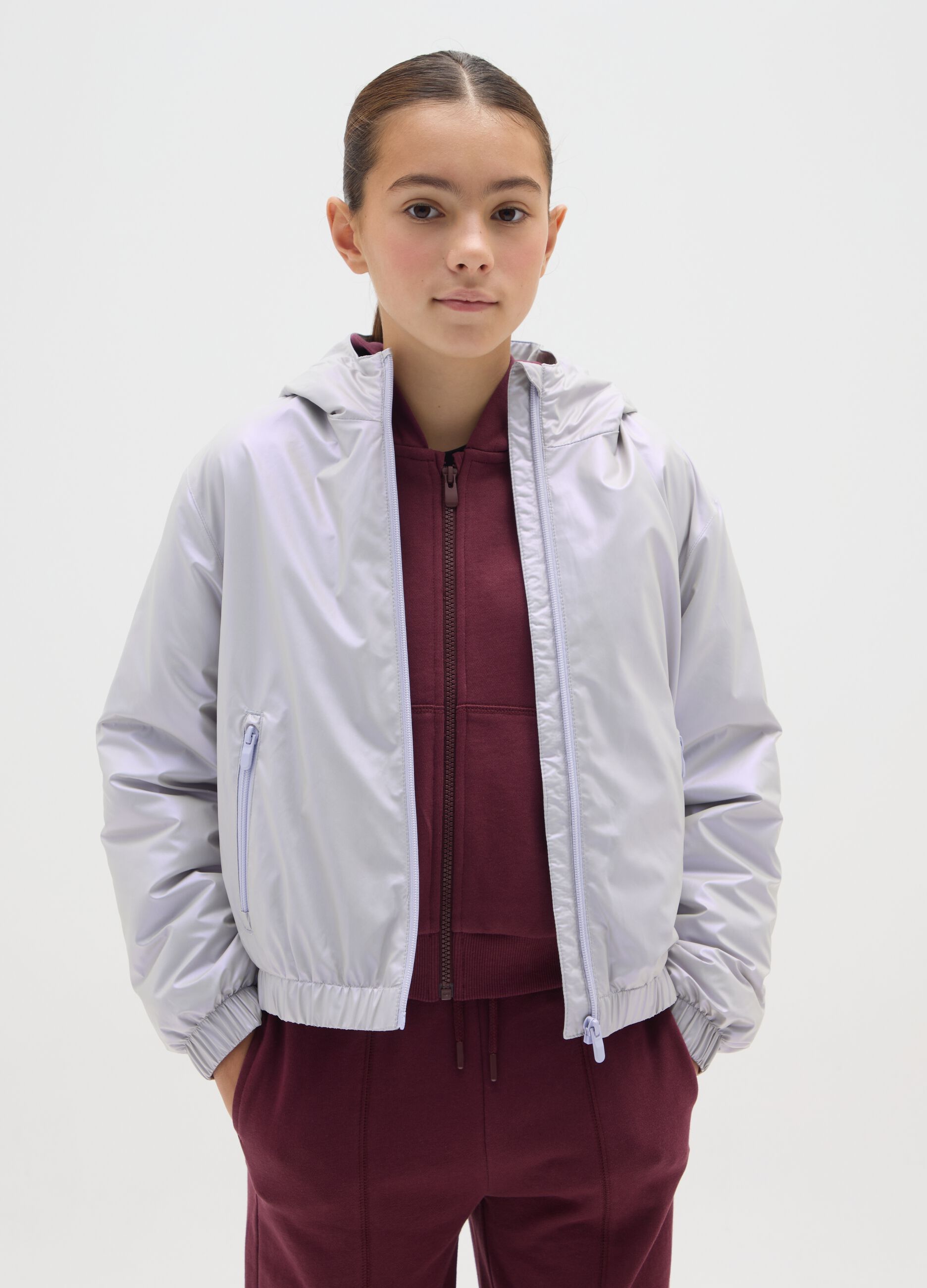 Regular fit grey girl's jacket with hood