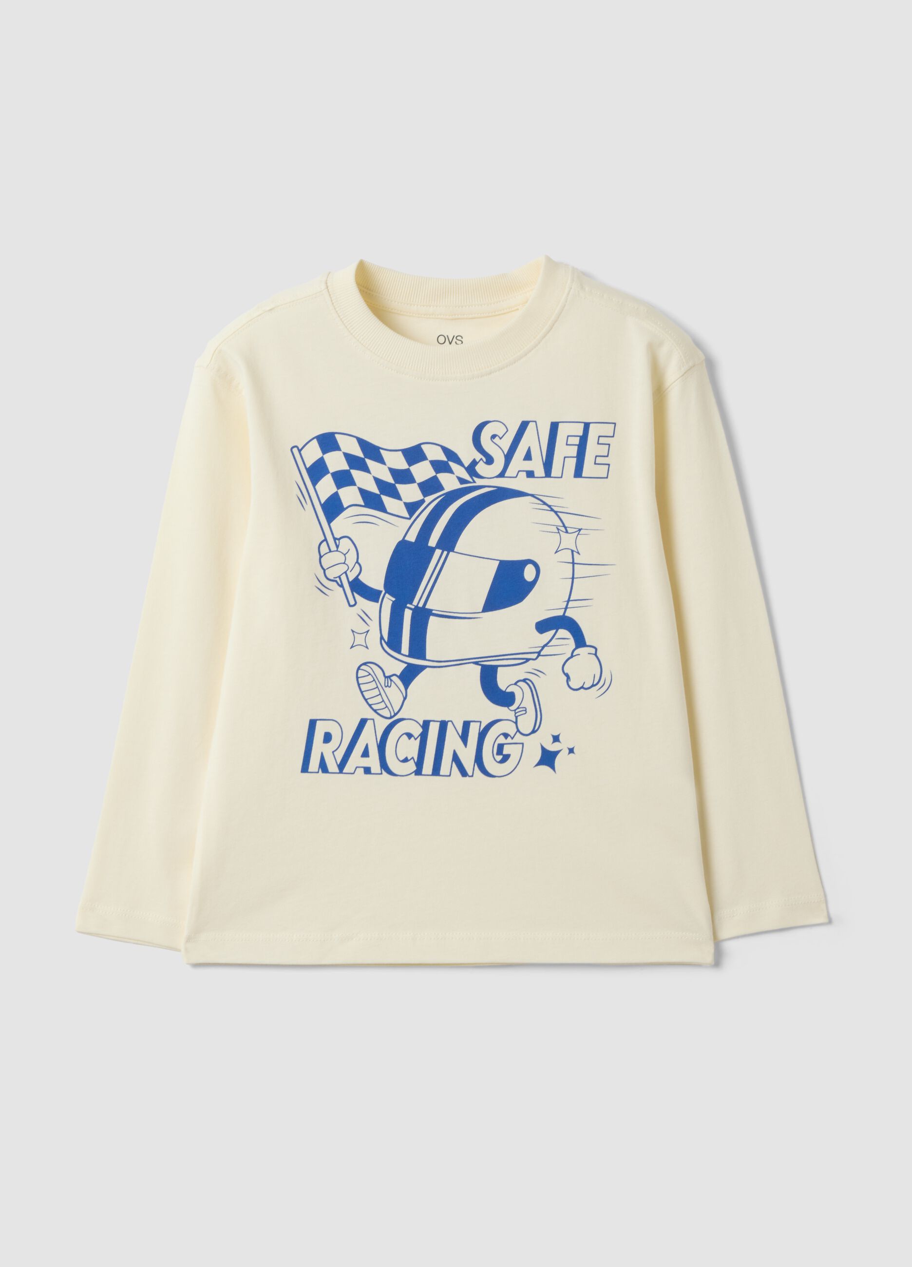 White oversized T-shirt in 100% organic cotton with racing print for boys