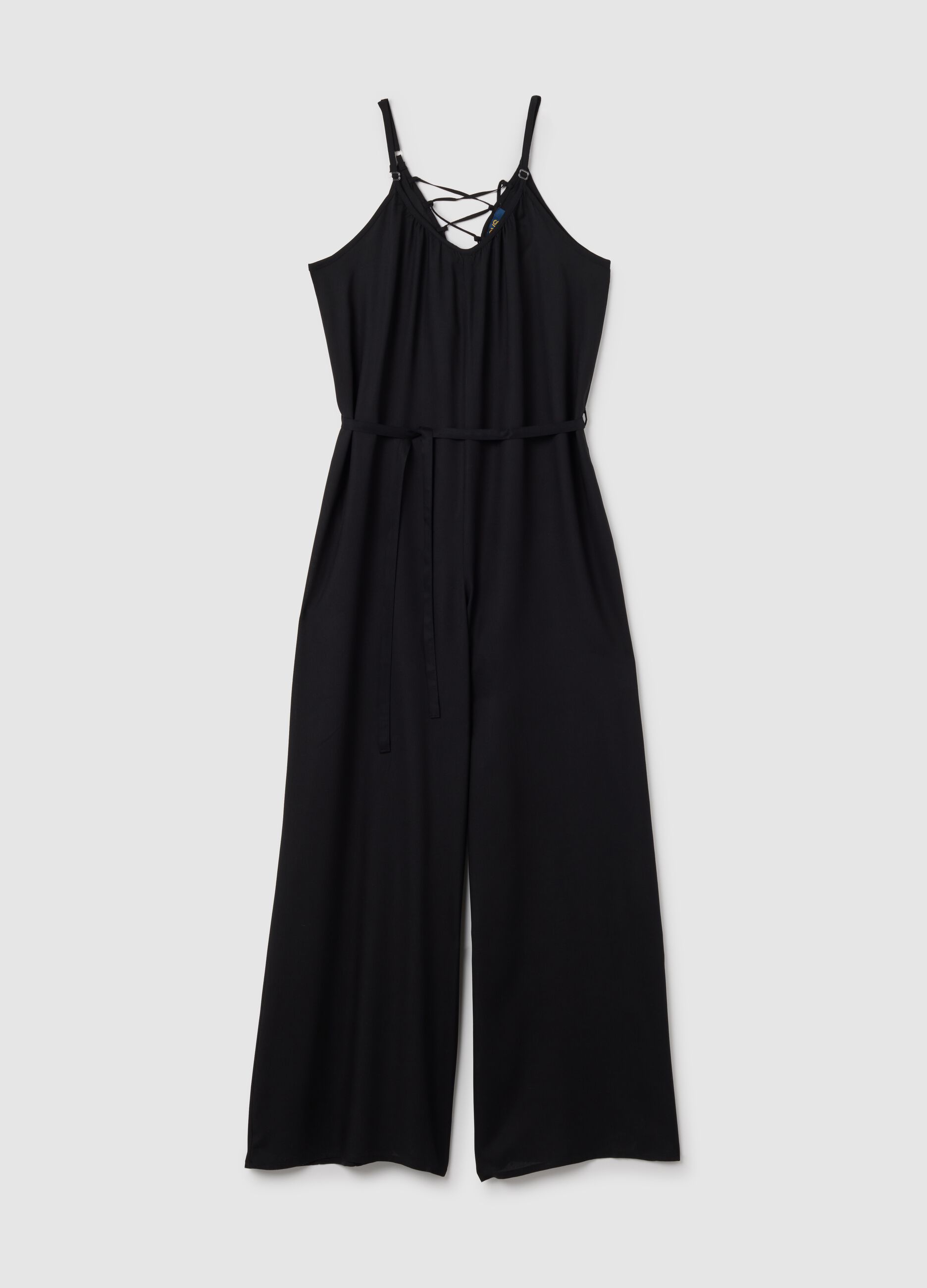 Women's jumpsuit in pure black viscose wide fit