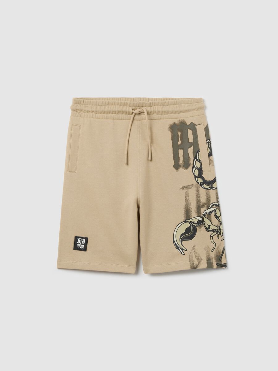 Bermuda in cotone con coulisse e stampa beige_3