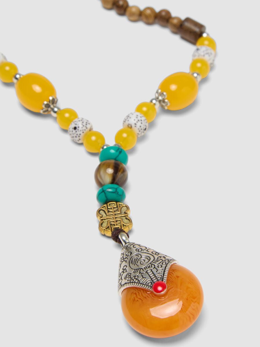 Brown, yellow, orange, silver-grey, turquoise blue, off-white and red necklace_1