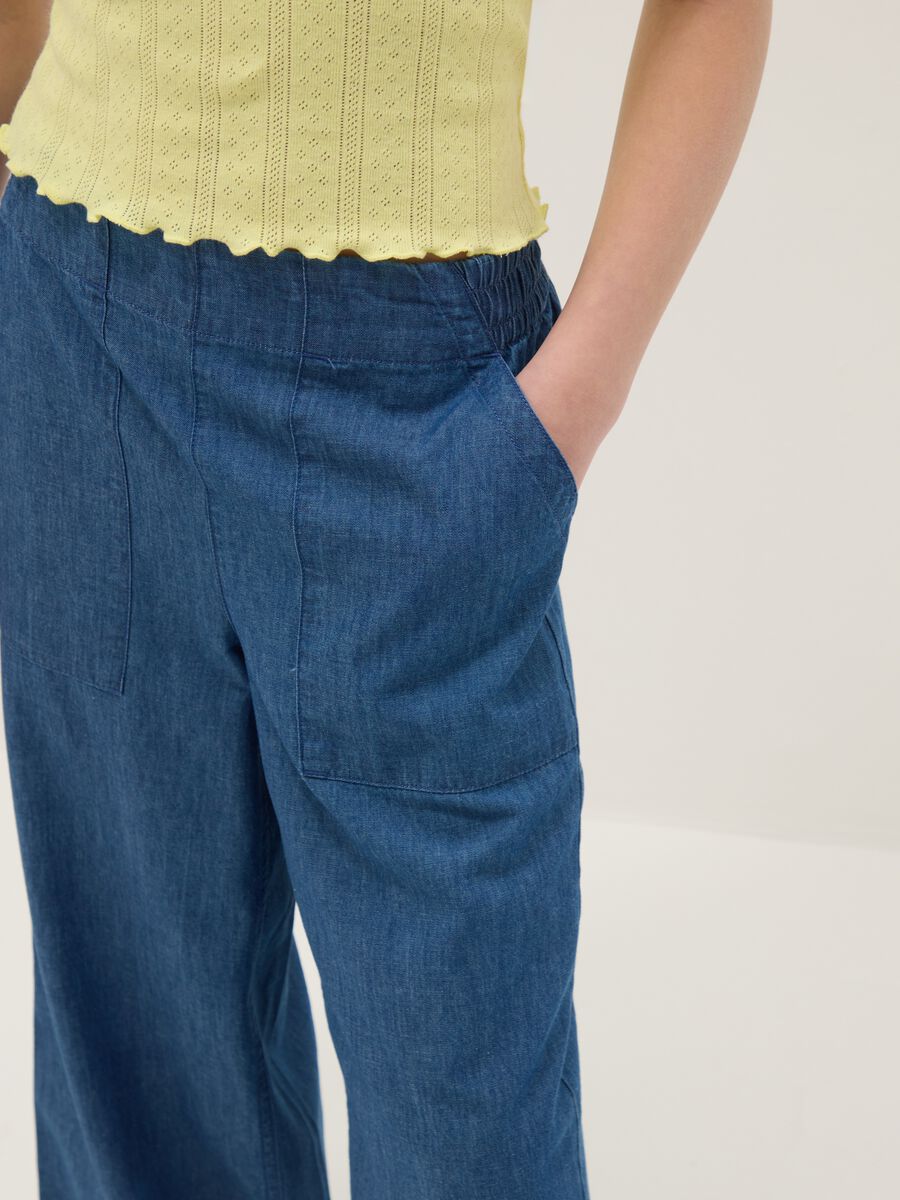 Pantaloni in puro cotone denim blu da ragazza wide leg_2