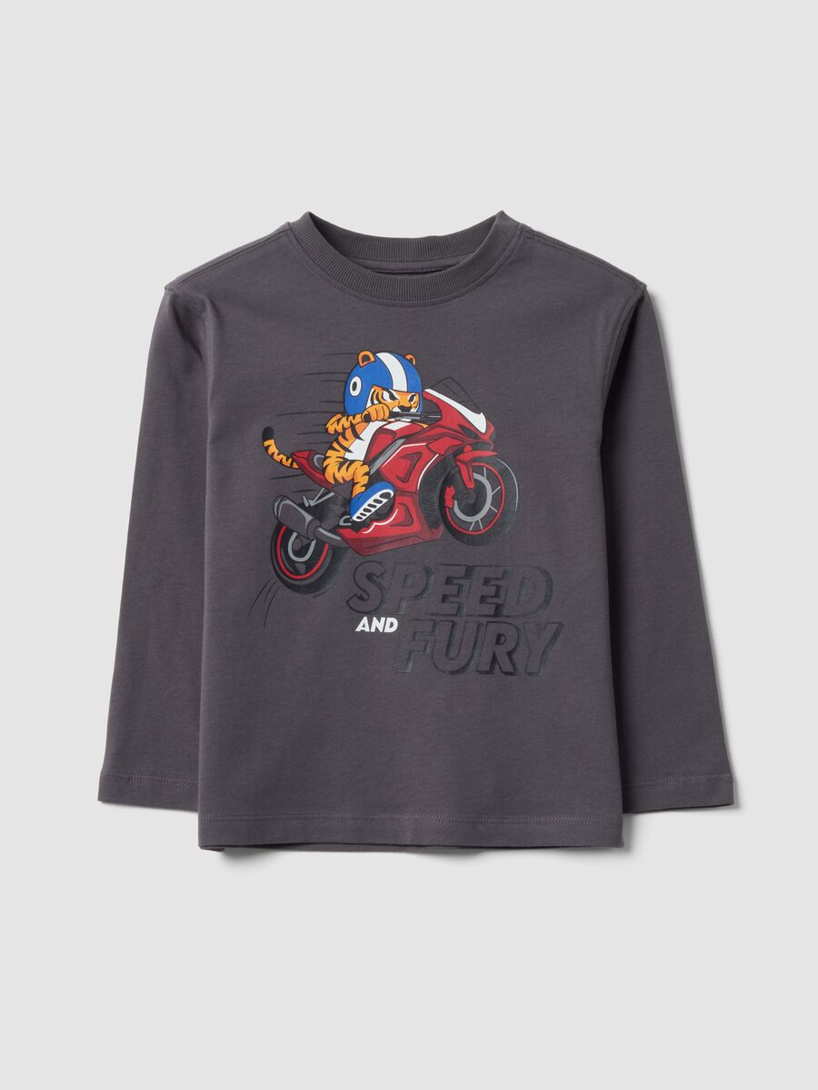 Grey pure cotton tiger-print oversized fit T-shirt for boys_0