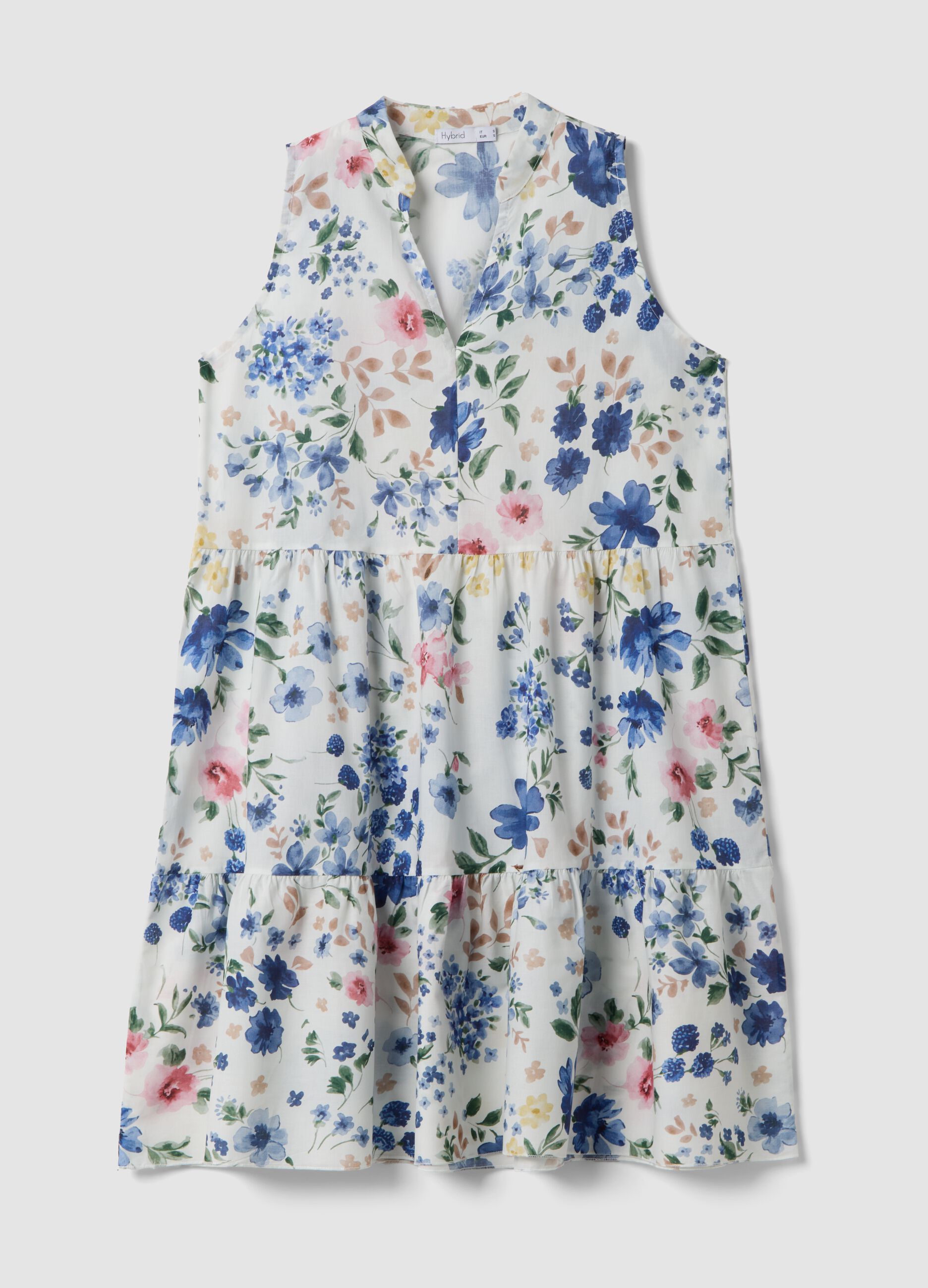 White pure cotton dress with floral print and V-neck, oversized fit