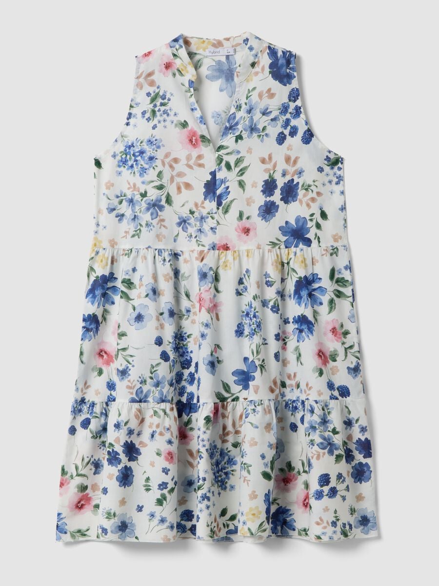 White pure cotton dress with floral print and V-neck, oversized fit_4
