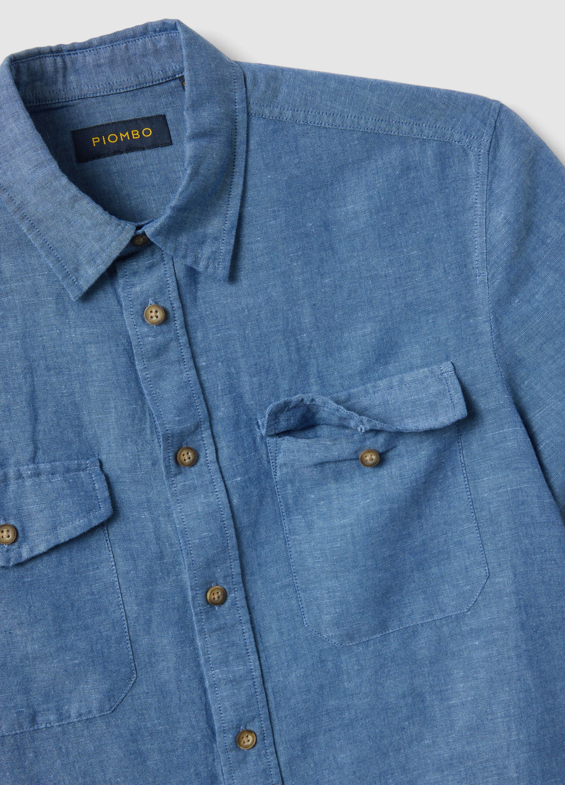 Men's blue shirt in linen and cotton blend