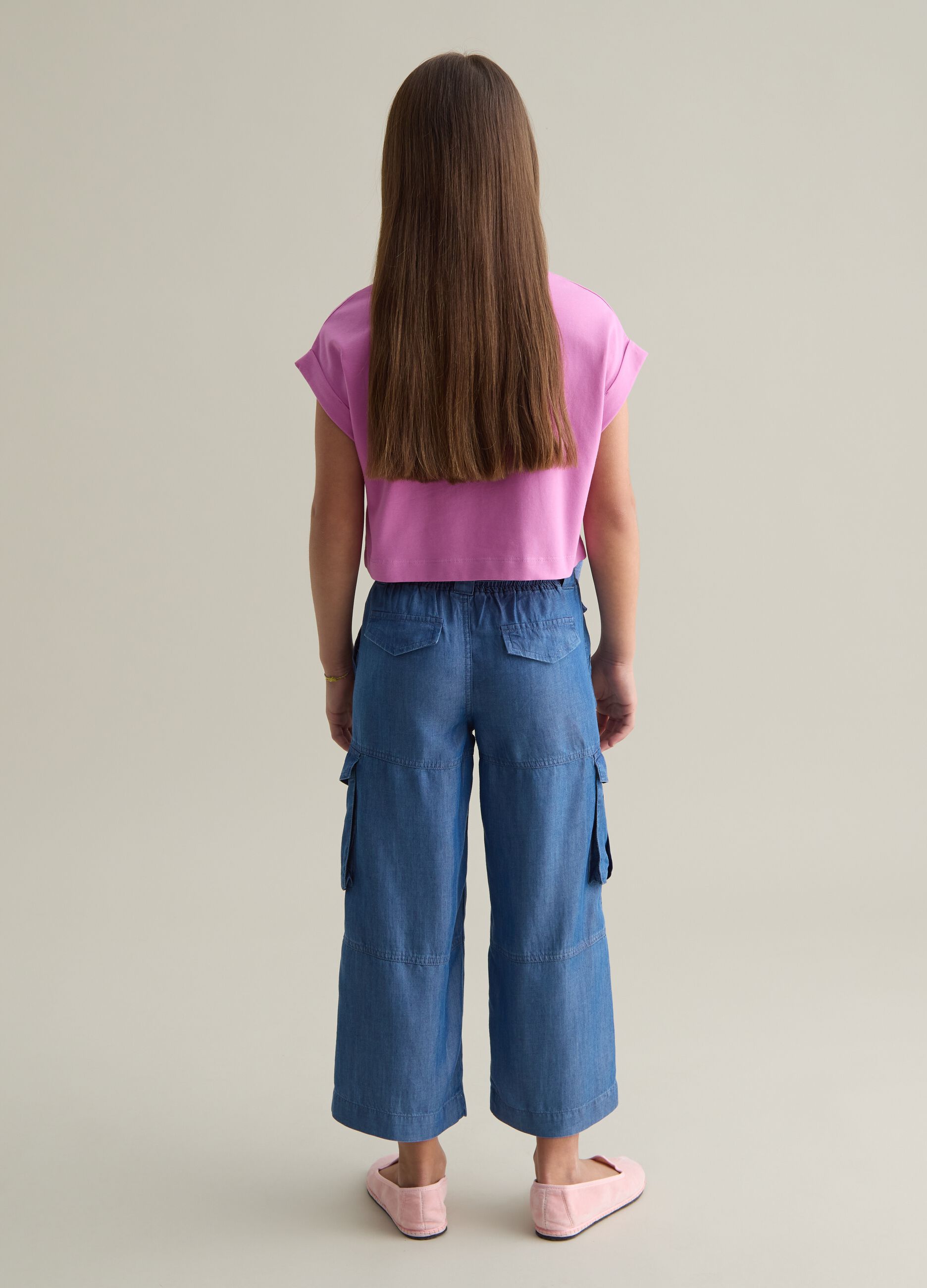 Girls’ cargo trousers in 100% blue Lyocell with regular fit