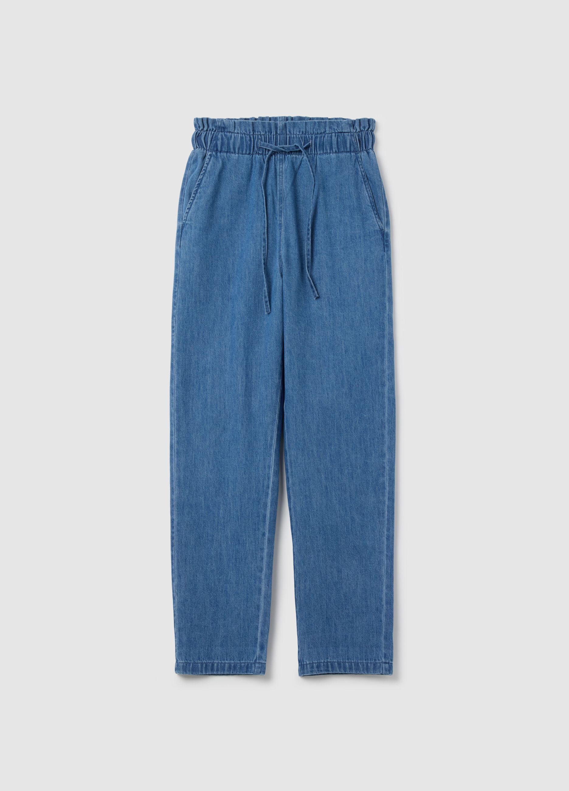 Cropped joggers in denim with drawstring